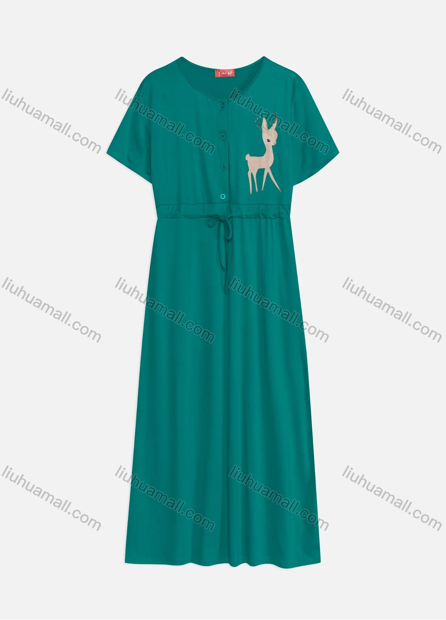 Wholesale Women's Casual Round Neck Short Sleeve Animal Drawstring Buttons Front Maxi Dress - Liuhuamall