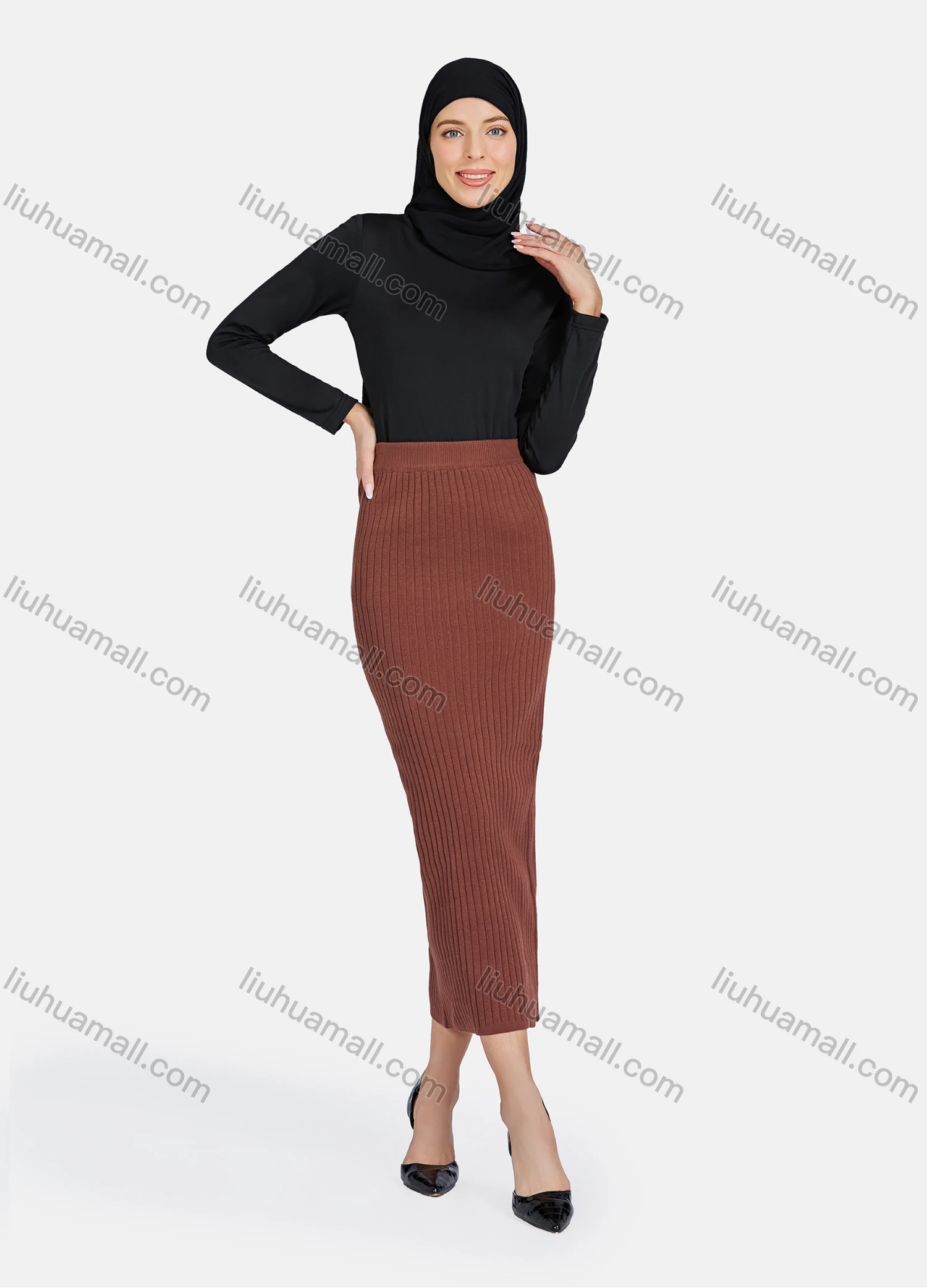 Wholesale Women's Casual Plain Rib Knit Elastic High Waist Midi Skirts - Liuhuamall