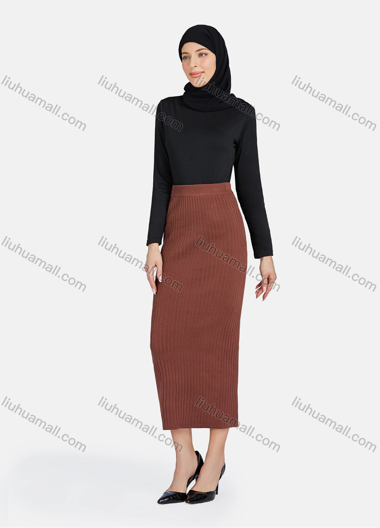 Wholesale Women's Casual Plain Rib Knit Elastic High Waist Midi Skirts - Liuhuamall