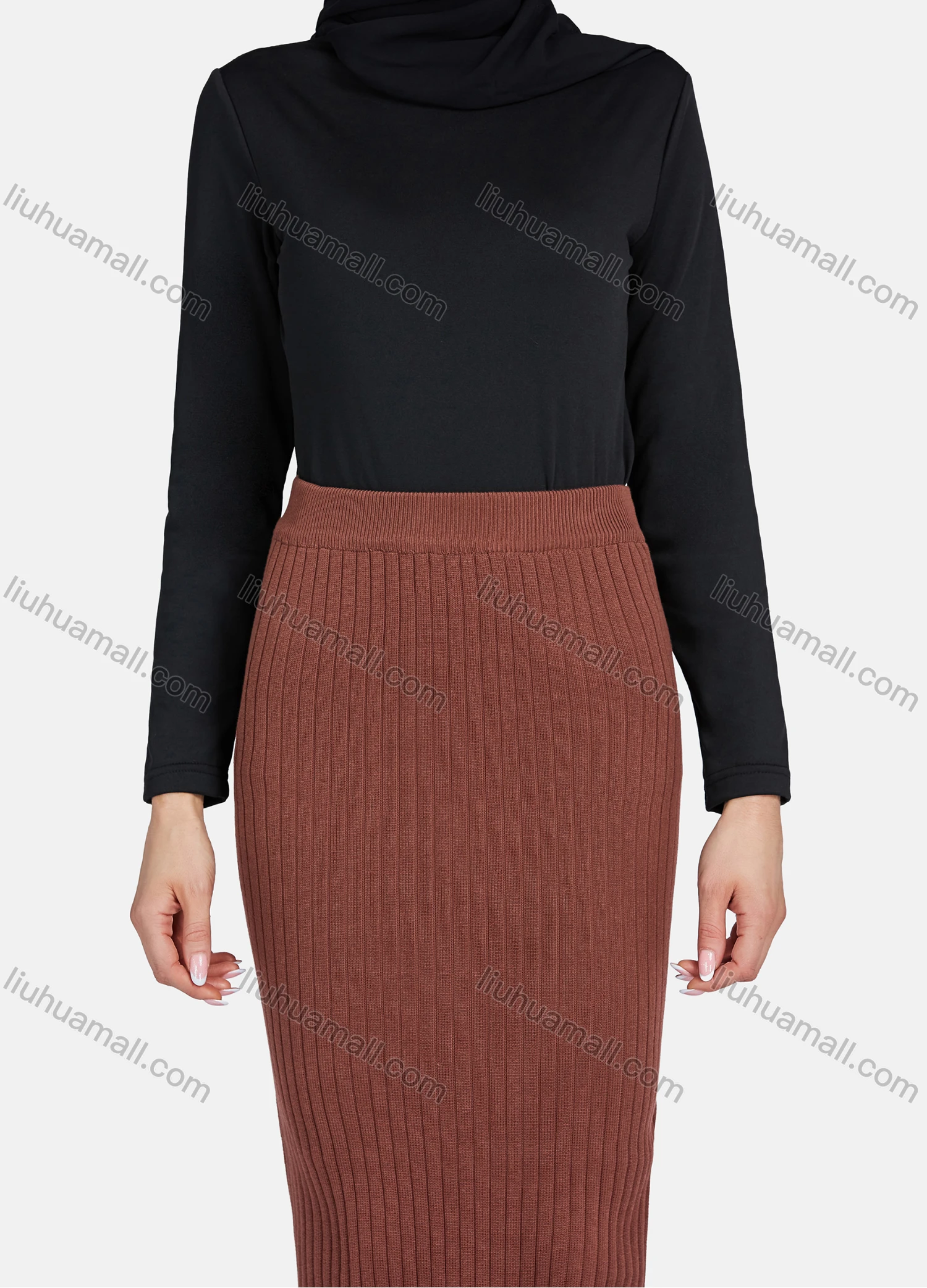 Wholesale Women's Casual Plain Rib Knit Elastic High Waist Midi Skirts - Liuhuamall