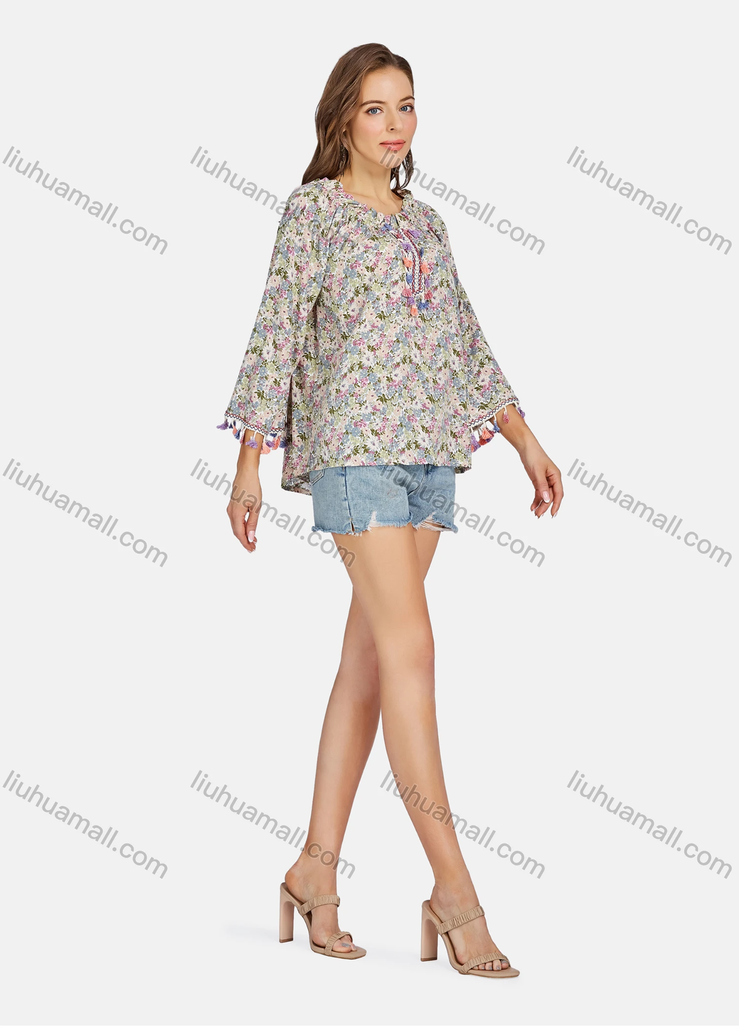 Wholesale Women's Casual Floral Print Long Sleeve Ruffle Trim Tassel Blouse E3279# - Liuhuamall