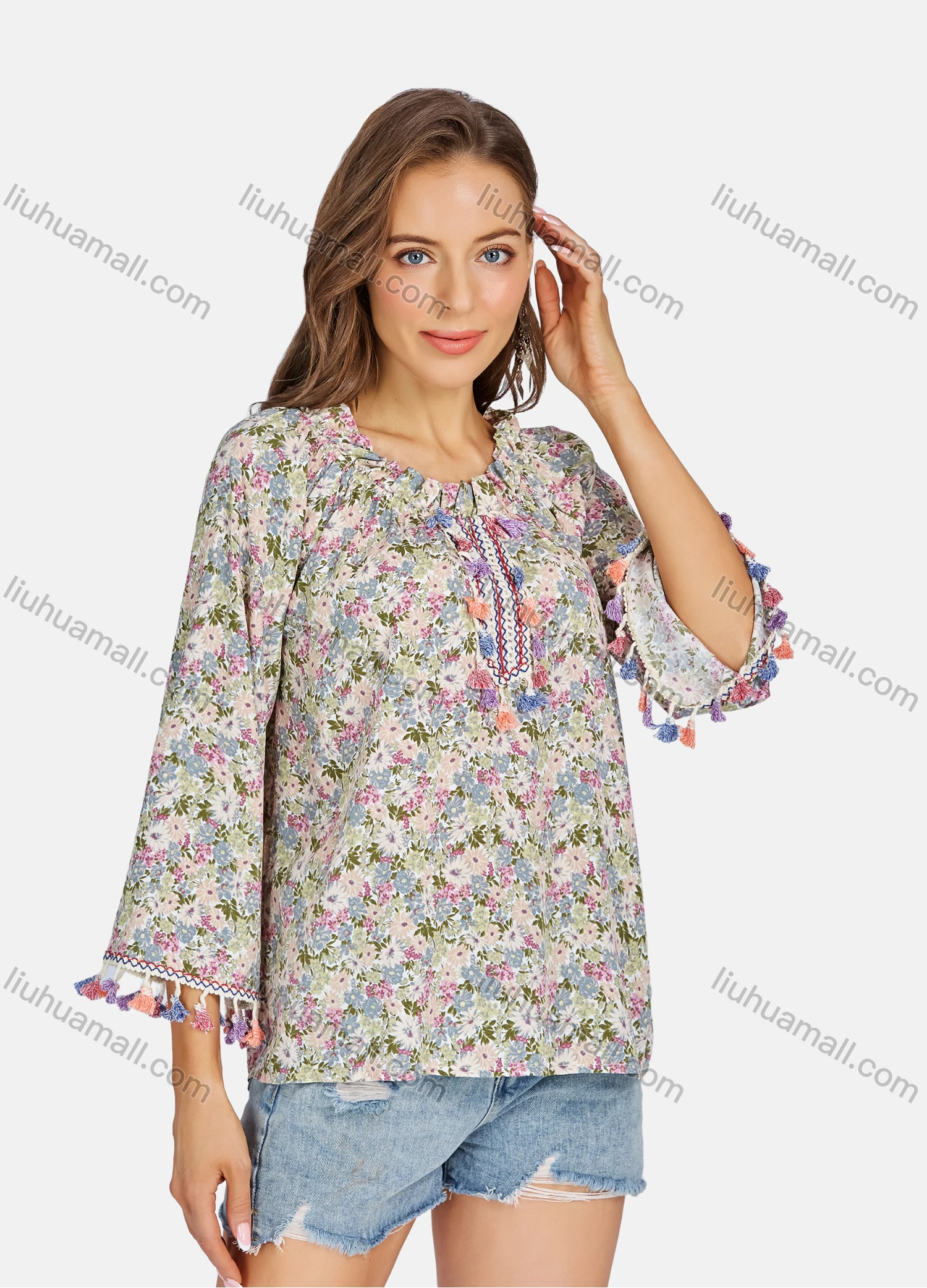 Wholesale Women's Casual Floral Print Long Sleeve Ruffle Trim Tassel Blouse E3279# - Liuhuamall