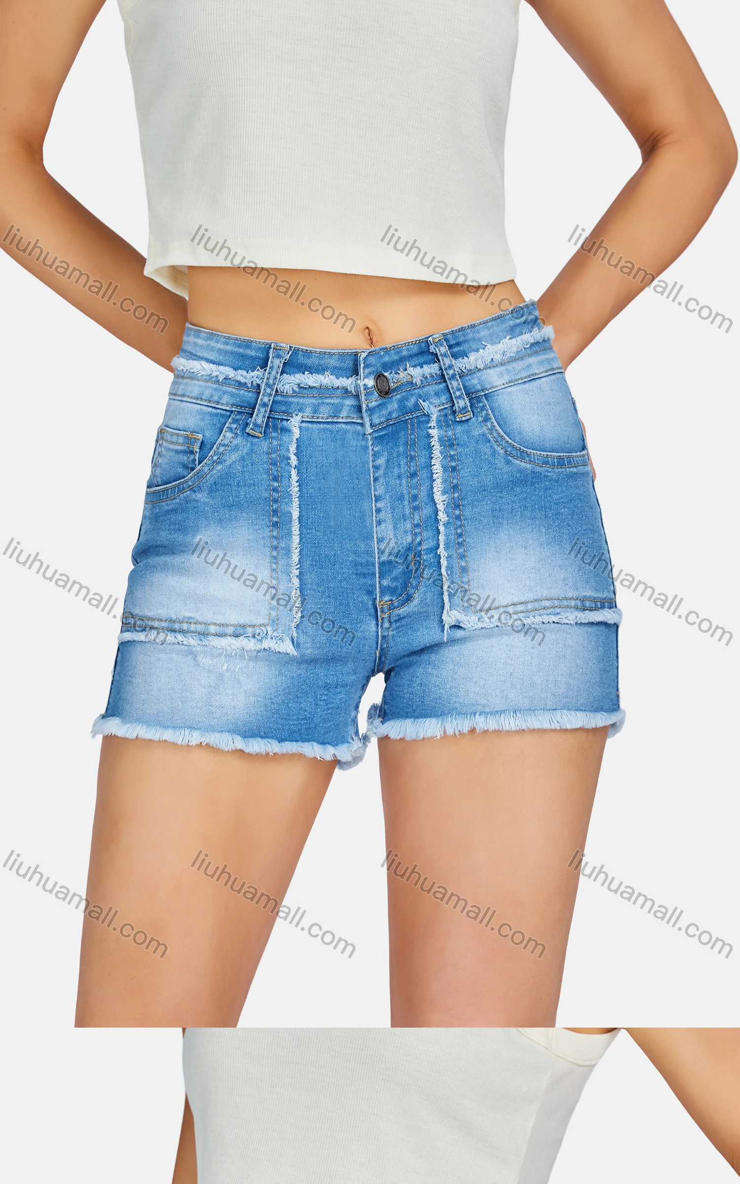 Wholesale Women's Casual Multiple Pockets Frayed Raw Hem Wash Denim Shorts - Liuhuamall