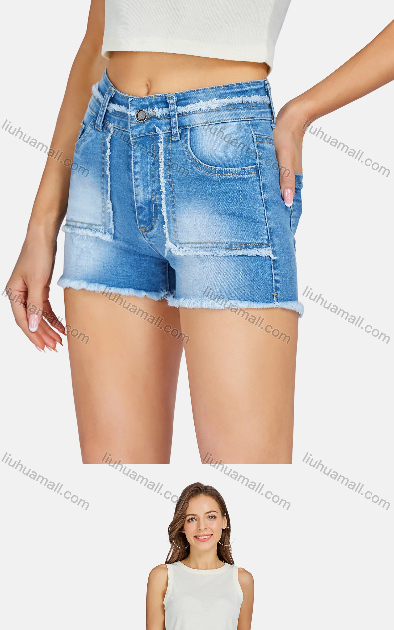 Wholesale Women's Casual Multiple Pockets Frayed Raw Hem Wash Denim Shorts - Liuhuamall