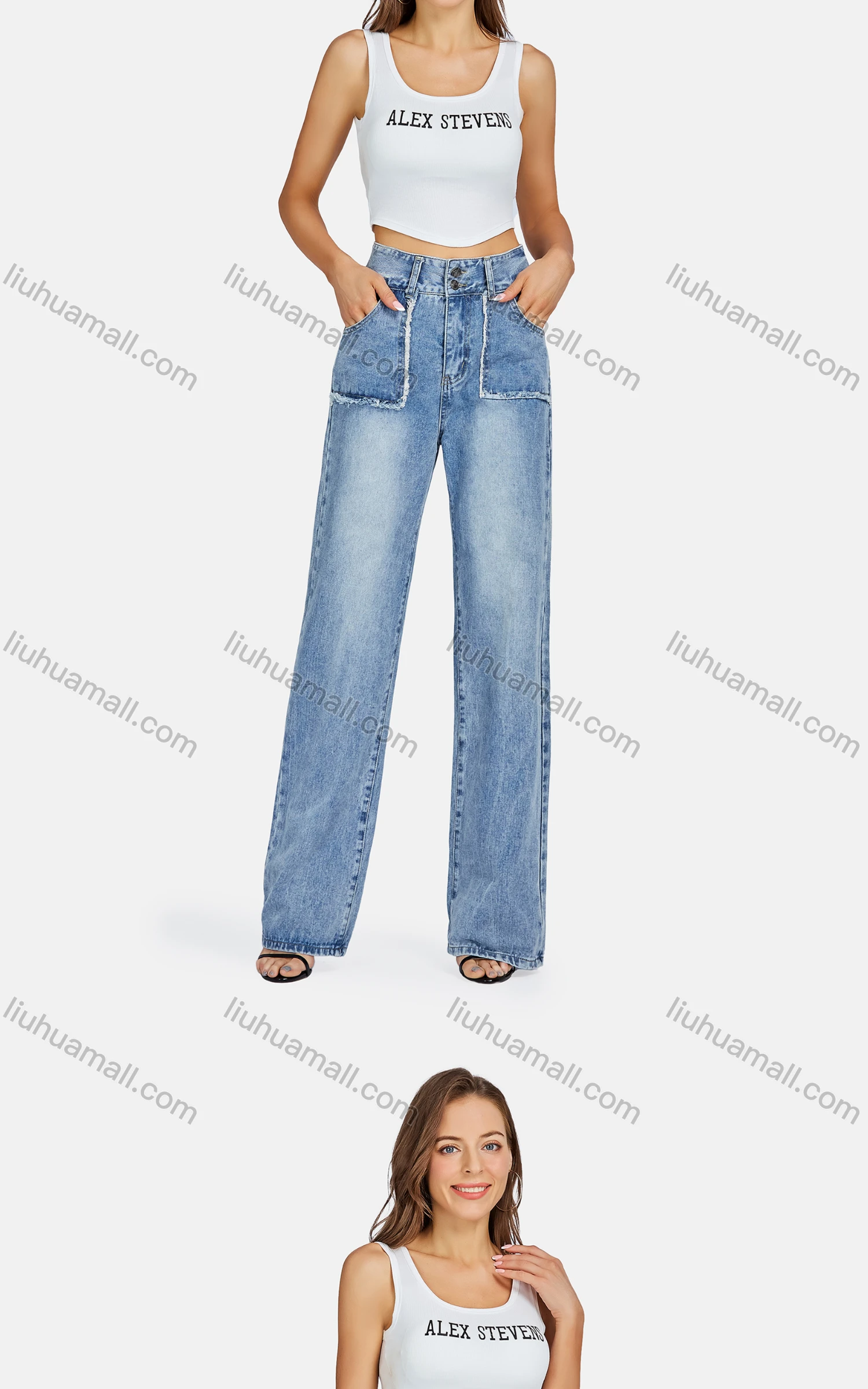 Wholesale Women's Casual Multiple Pockets Wash Jeans - Liuhuamall