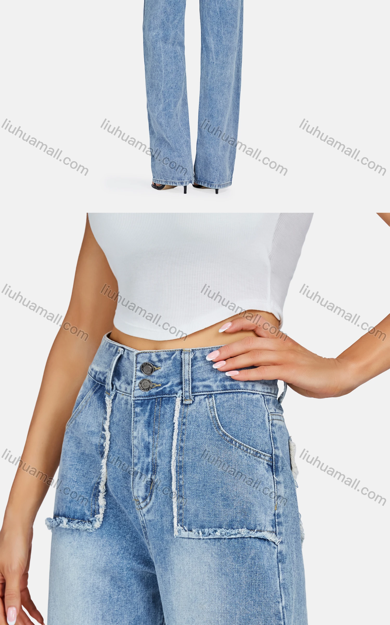 Wholesale Women's Casual Multiple Pockets Wash Jeans - Liuhuamall