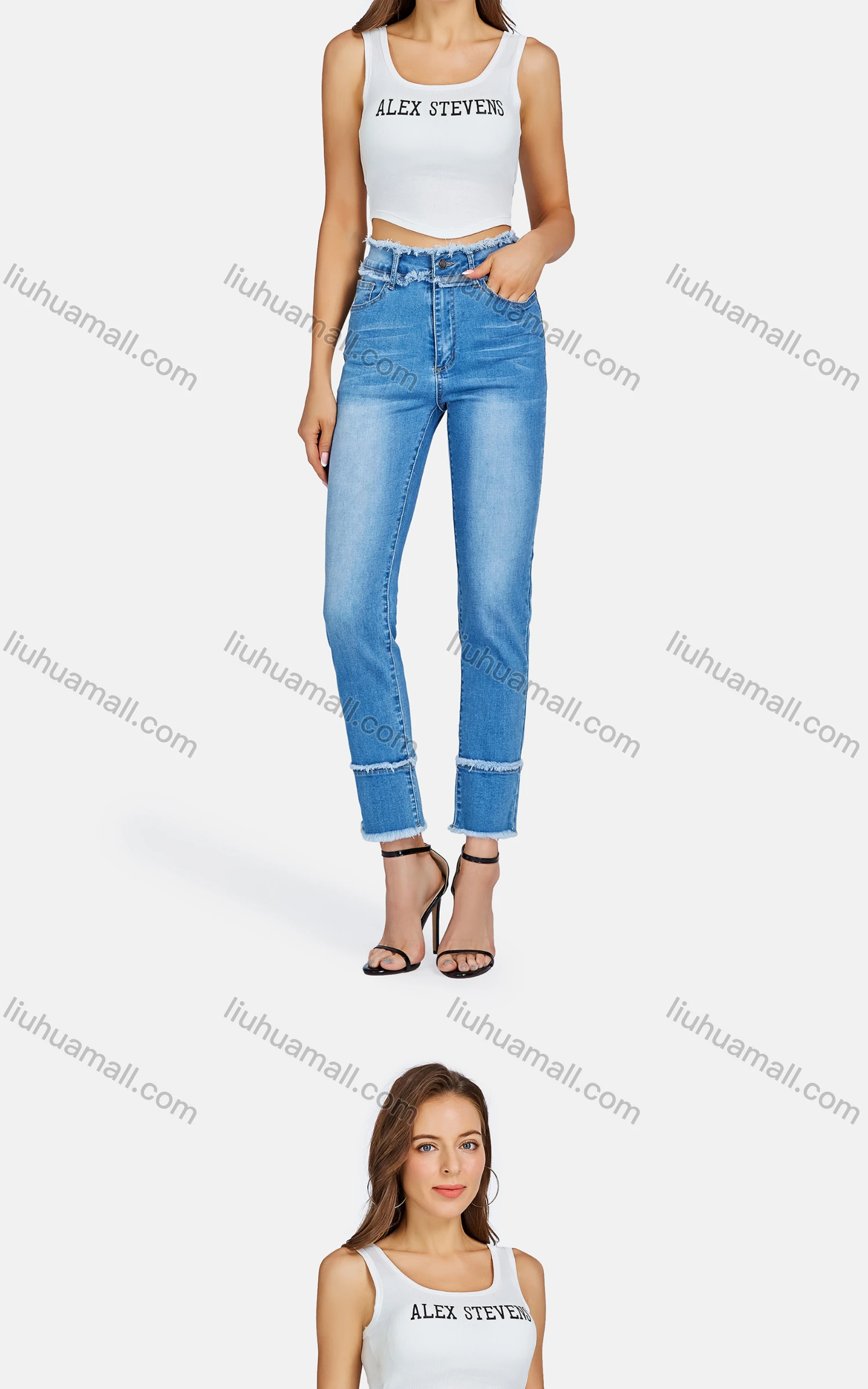 Wholesale Women's Casual Multiple Pockets Frayed Raw Trim Wash Slim Fit Jeans - Liuhuamall