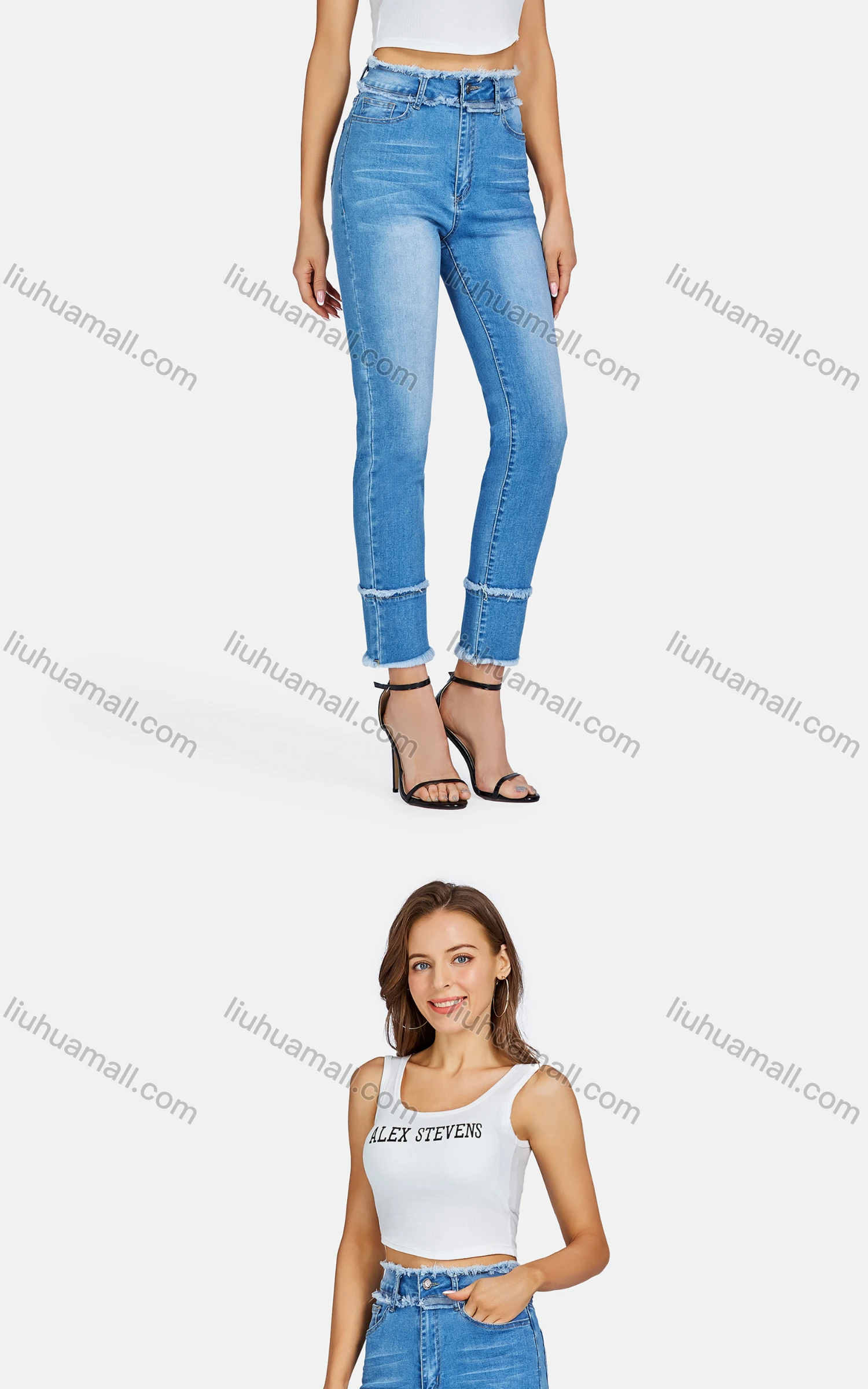 Wholesale Women's Casual Multiple Pockets Frayed Raw Trim Wash Slim Fit Jeans - Liuhuamall