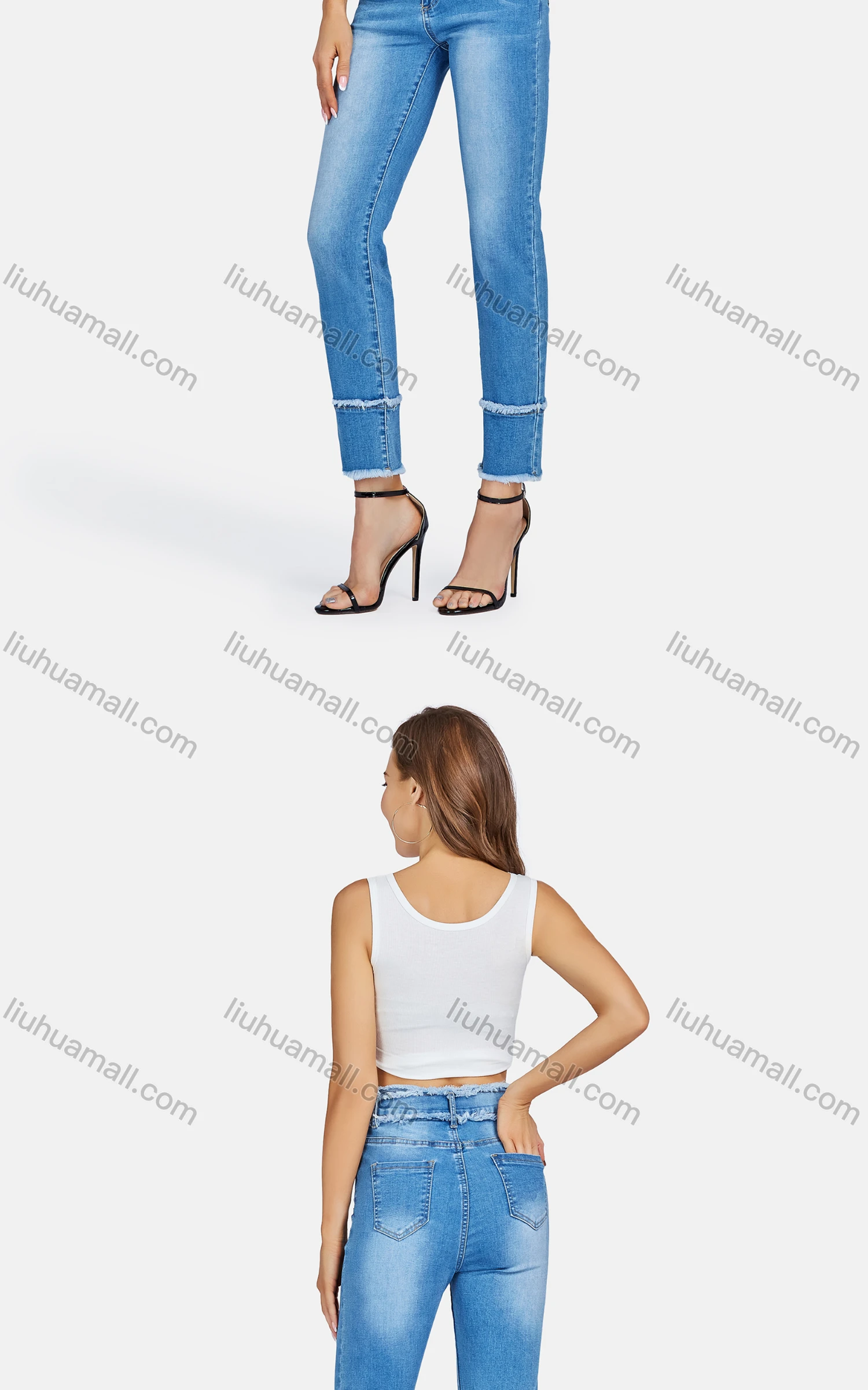 Wholesale Women's Casual Multiple Pockets Frayed Raw Trim Wash Slim Fit Jeans - Liuhuamall