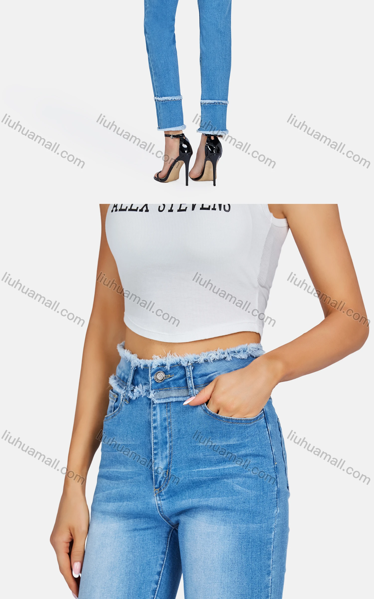 Wholesale Women's Casual Multiple Pockets Frayed Raw Trim Wash Slim Fit Jeans - Liuhuamall