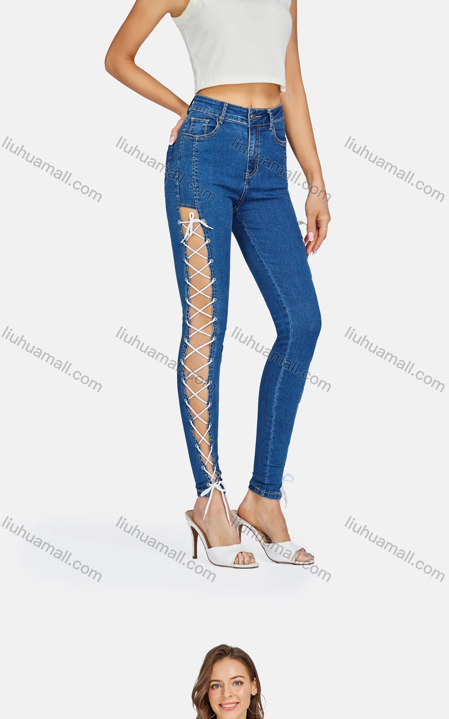 Wholesale Women's Casual Cut Out Drawstring Criss Cross Skinny Fit Jeans - Liuhuamall