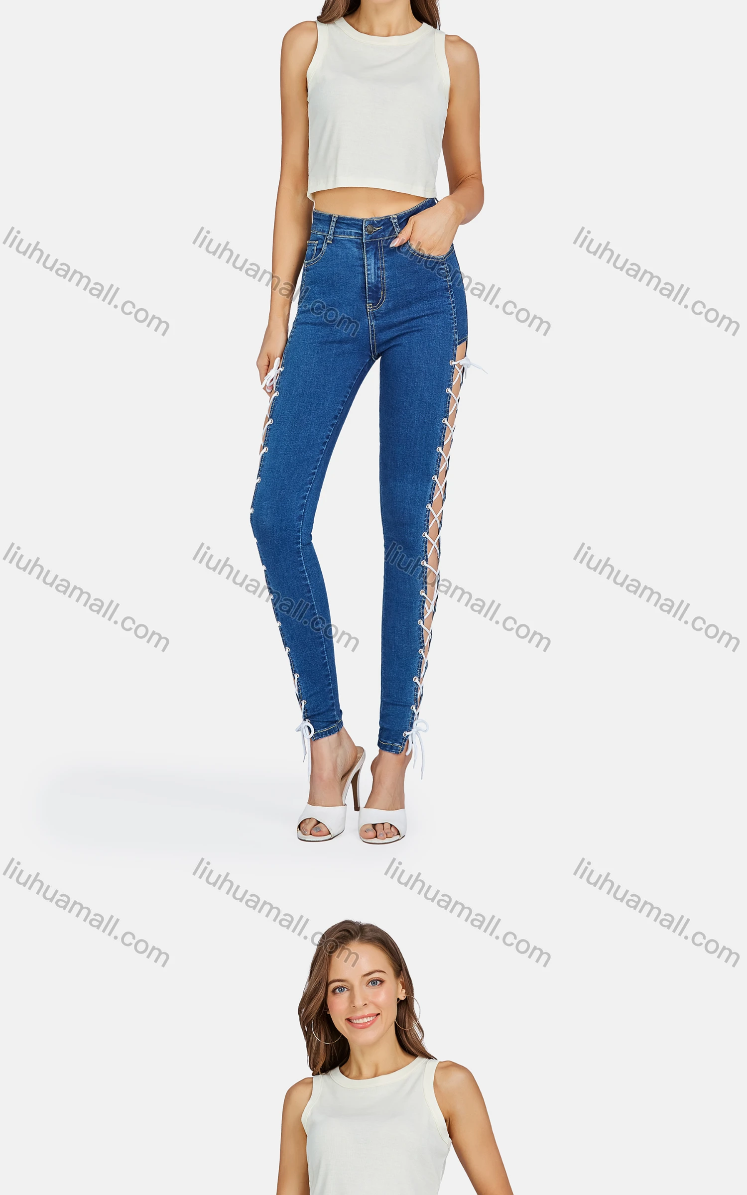 Wholesale Women's Casual Cut Out Drawstring Criss Cross Skinny Fit Jeans - Liuhuamall