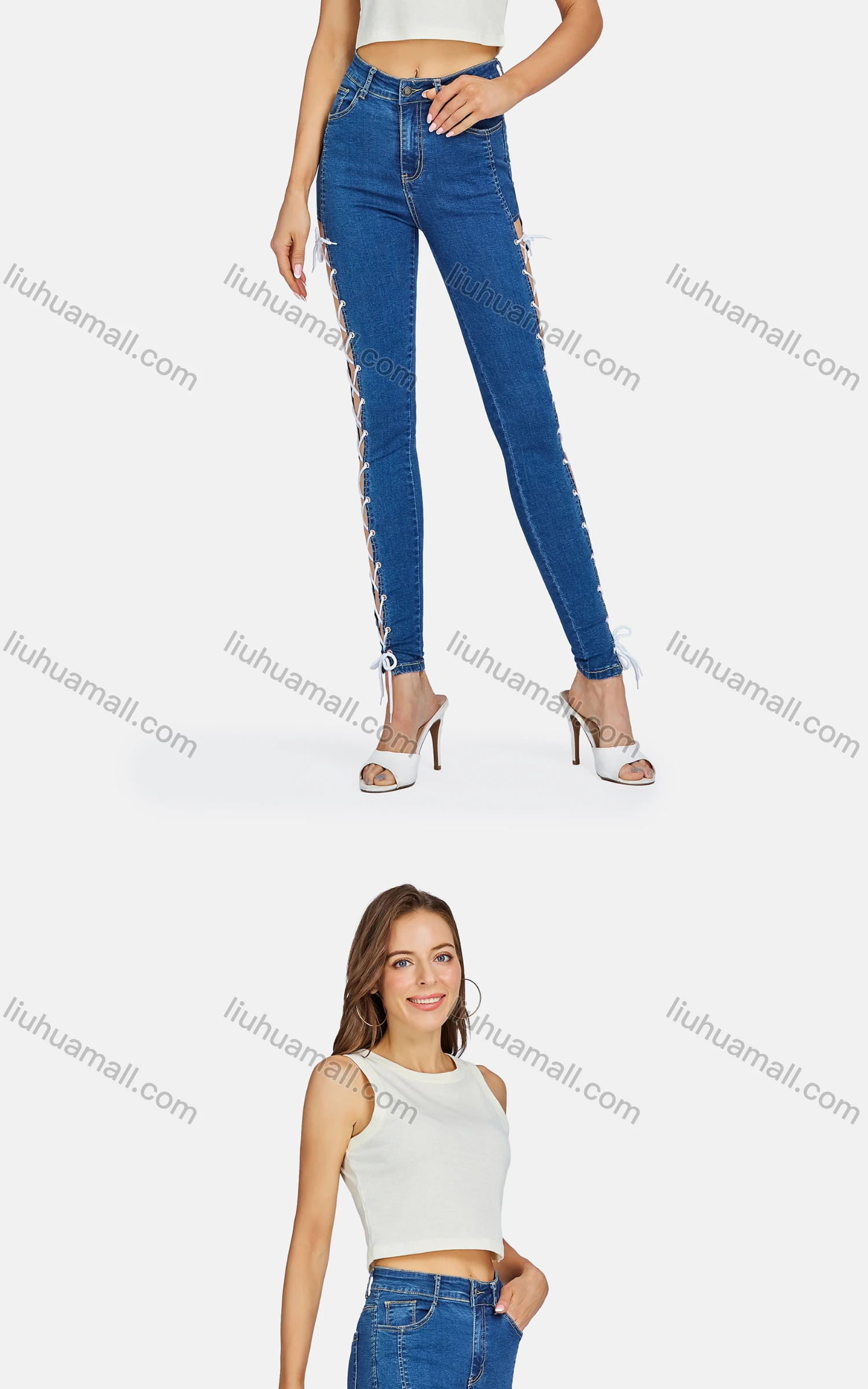 Wholesale Women's Casual Cut Out Drawstring Criss Cross Skinny Fit Jeans - Liuhuamall