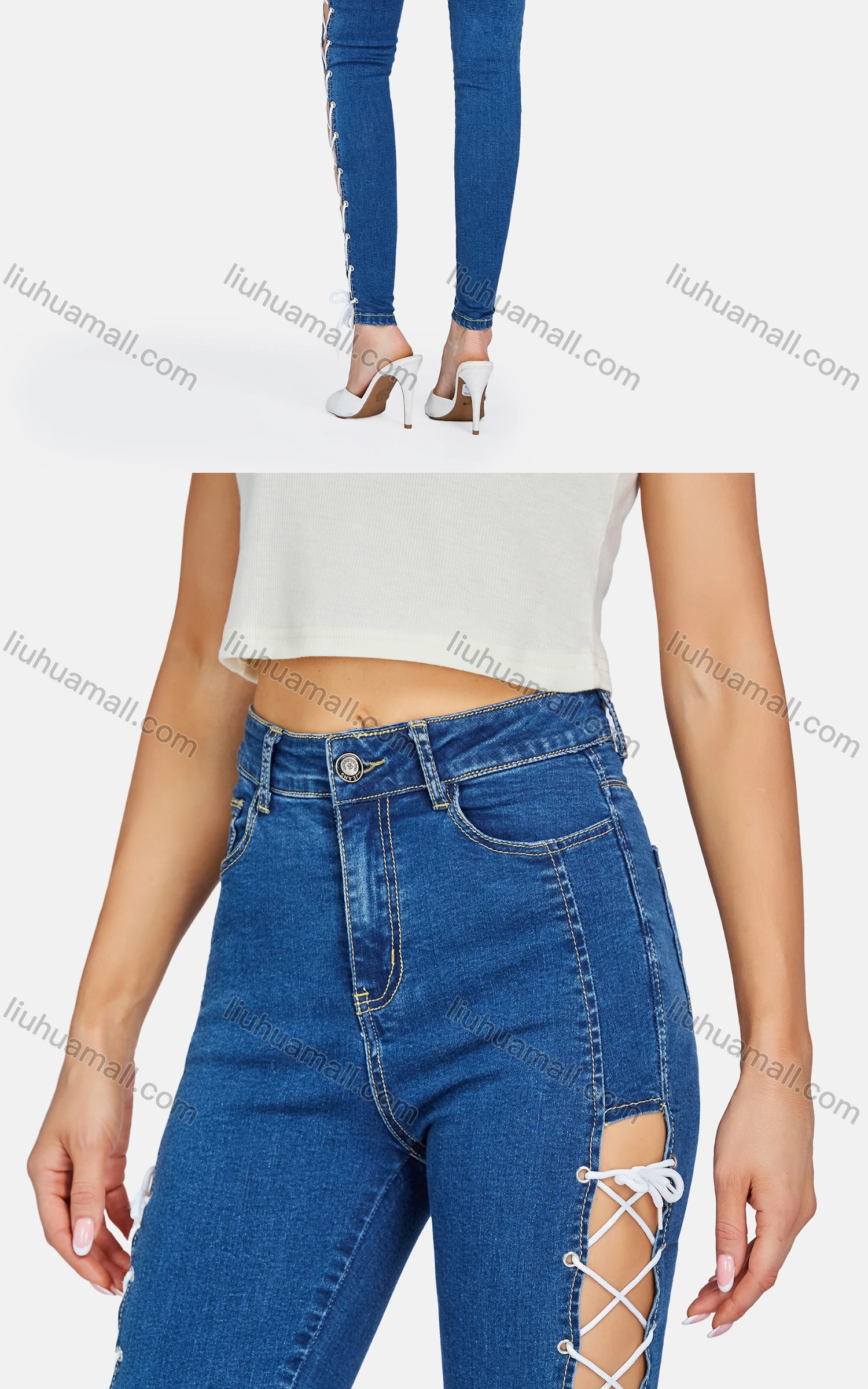 Wholesale Women's Casual Cut Out Drawstring Criss Cross Skinny Fit Jeans - Liuhuamall