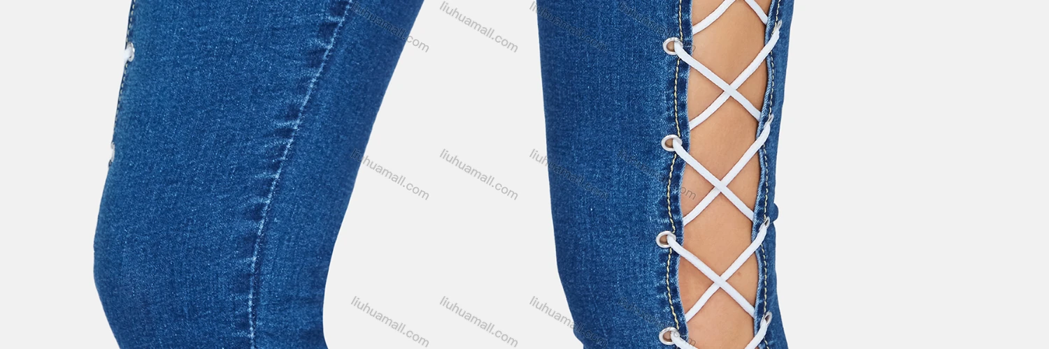 Wholesale Women's Casual Cut Out Drawstring Criss Cross Skinny Fit Jeans - Liuhuamall