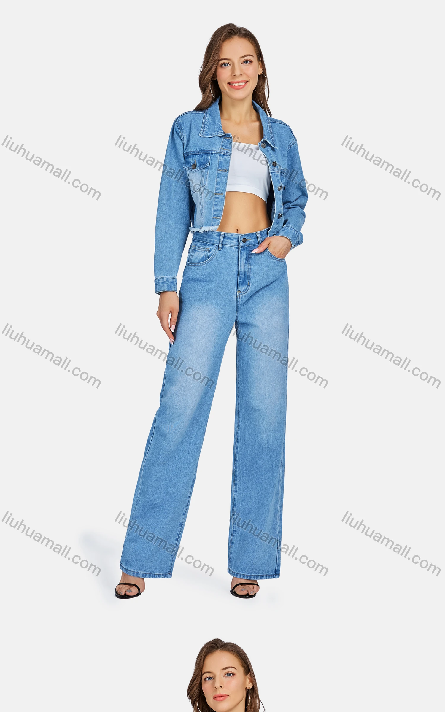 Wholesale Women's Casual Collared Button Down Denim Crop Jackets & Jeans 2-Piece Set - Liuhuamall
