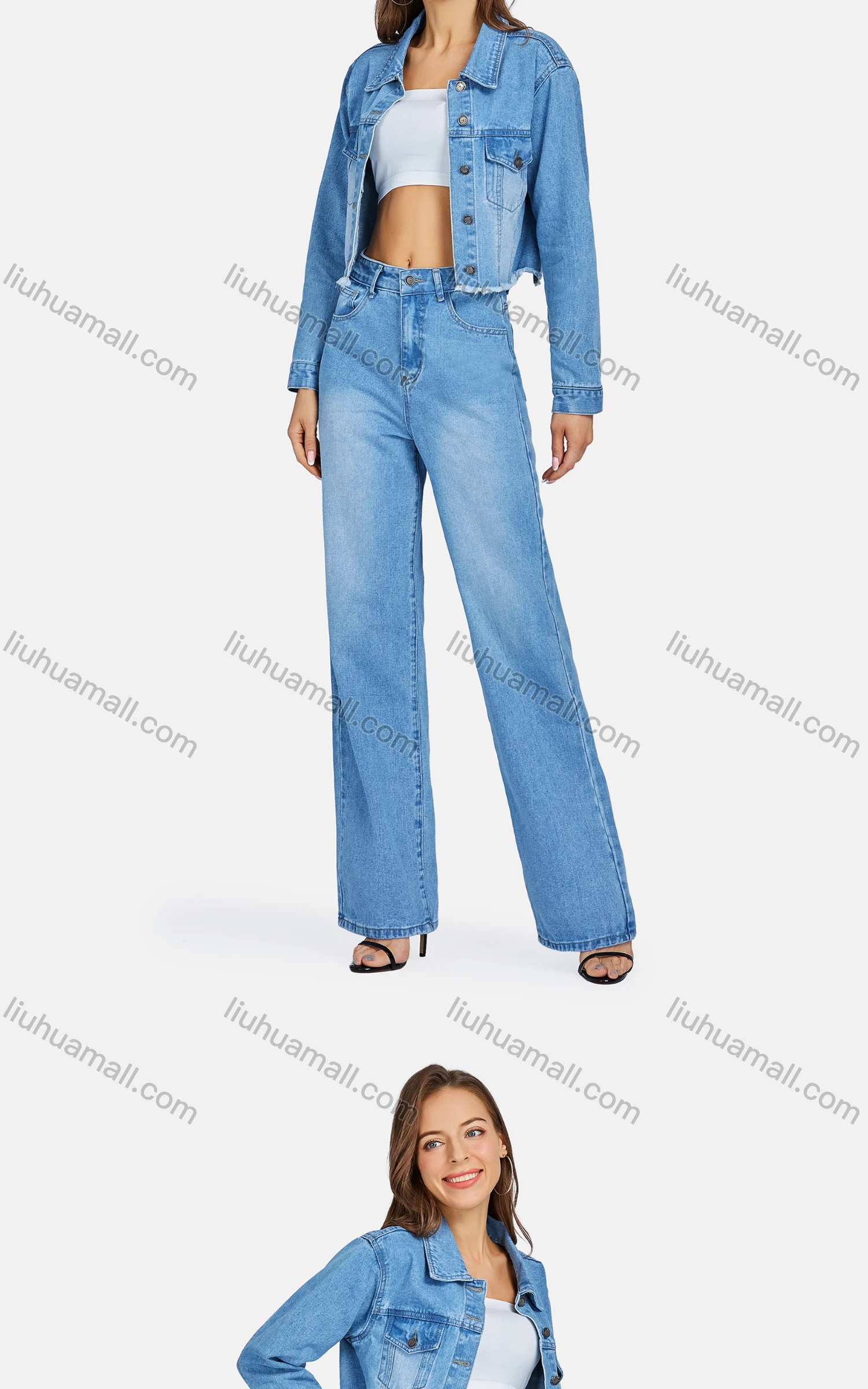 Wholesale Women's Casual Collared Button Down Denim Crop Jackets & Jeans 2-Piece Set - Liuhuamall