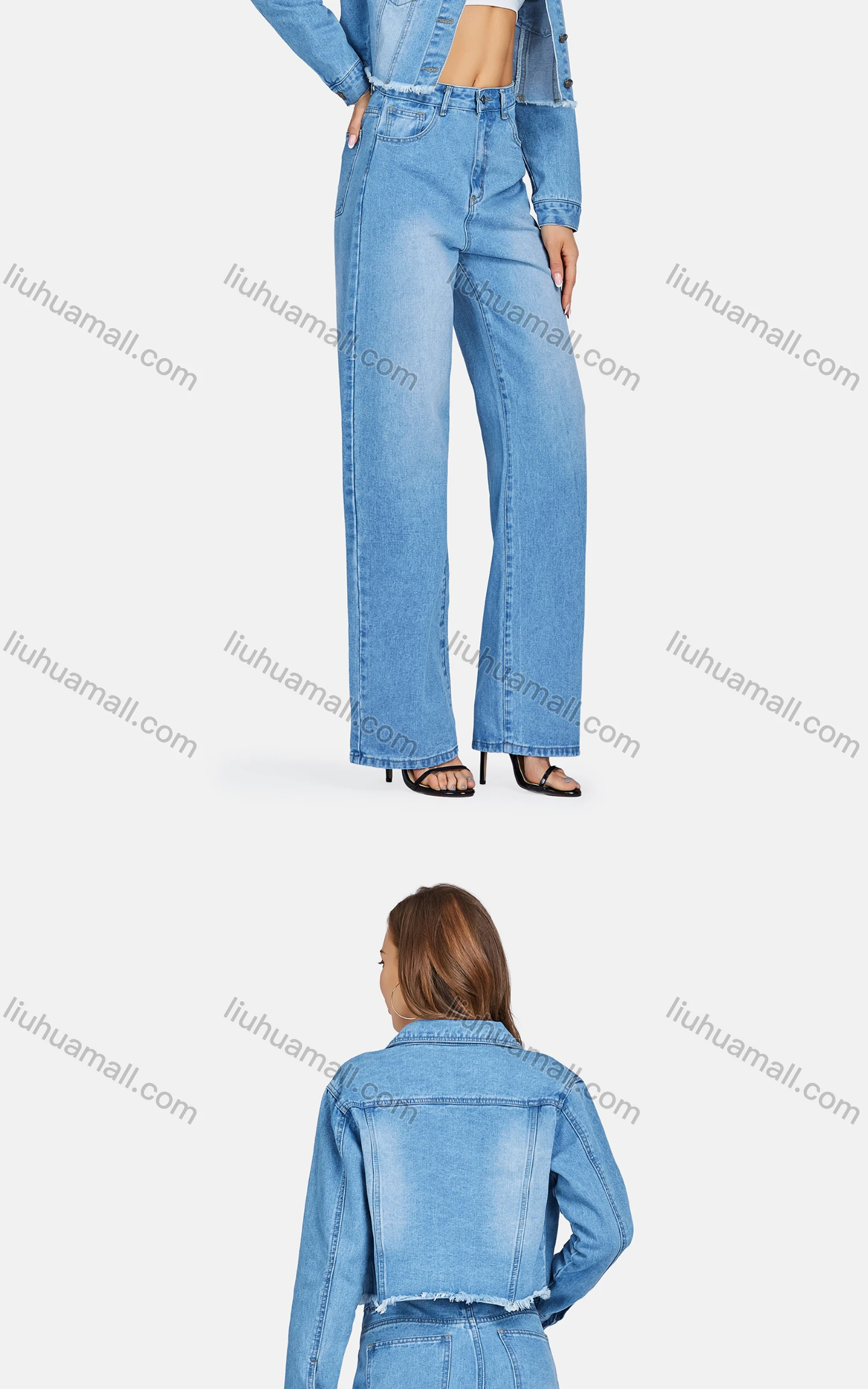 Wholesale Women's Casual Collared Button Down Denim Crop Jackets & Jeans 2-Piece Set - Liuhuamall