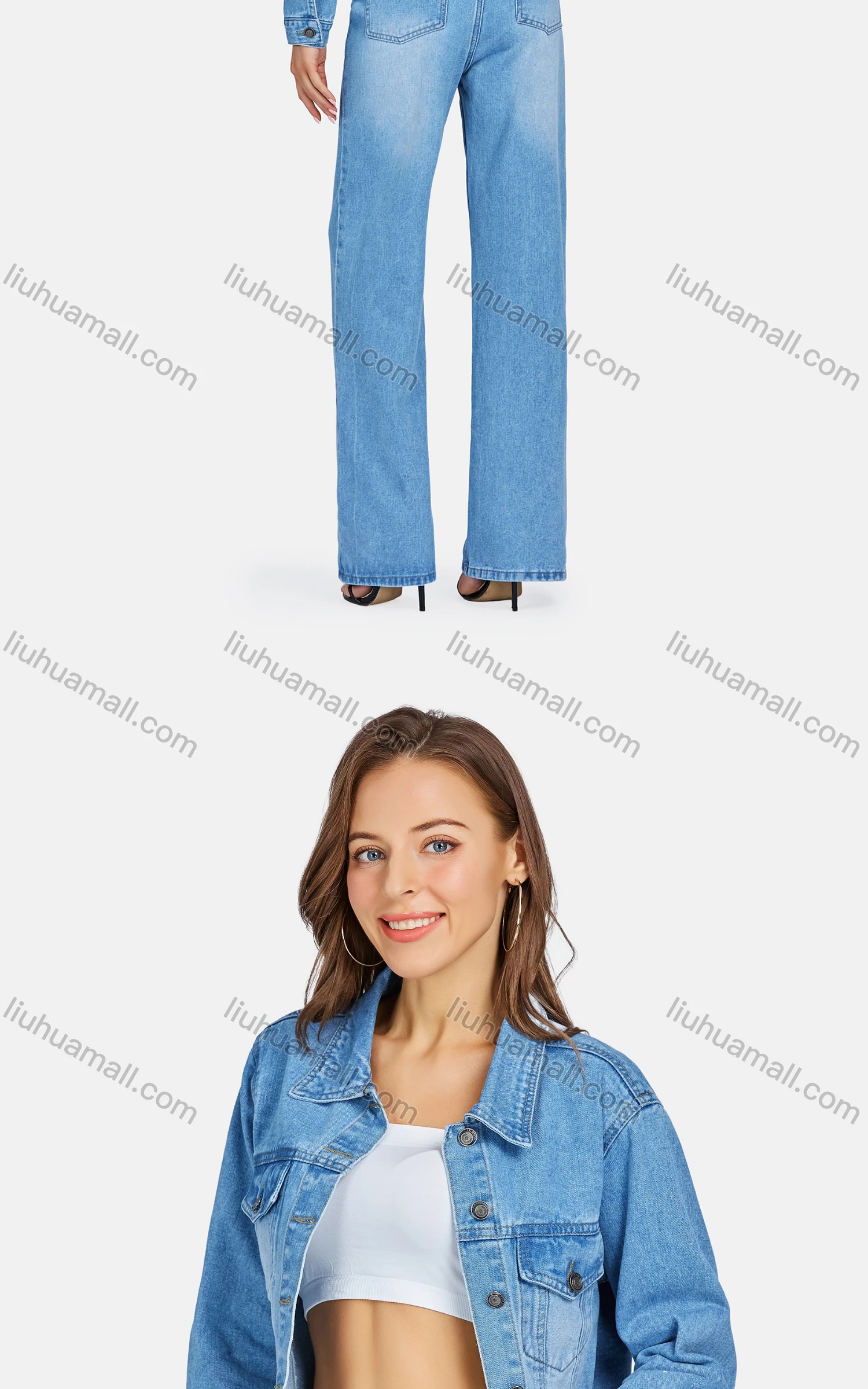 Wholesale Women's Casual Collared Button Down Denim Crop Jackets & Jeans 2-Piece Set - Liuhuamall
