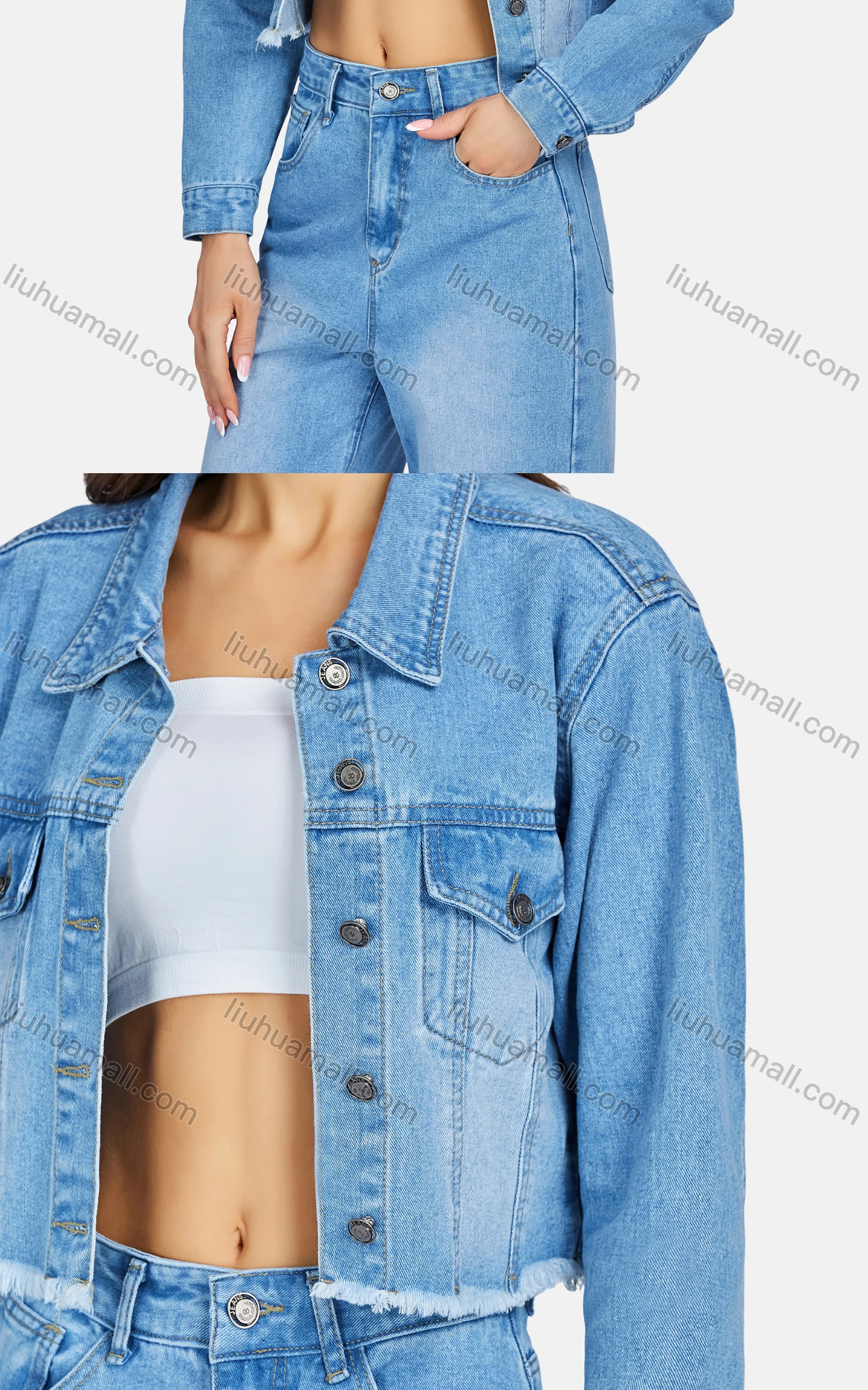 Wholesale Women's Casual Collared Button Down Denim Crop Jackets & Jeans 2-Piece Set - Liuhuamall