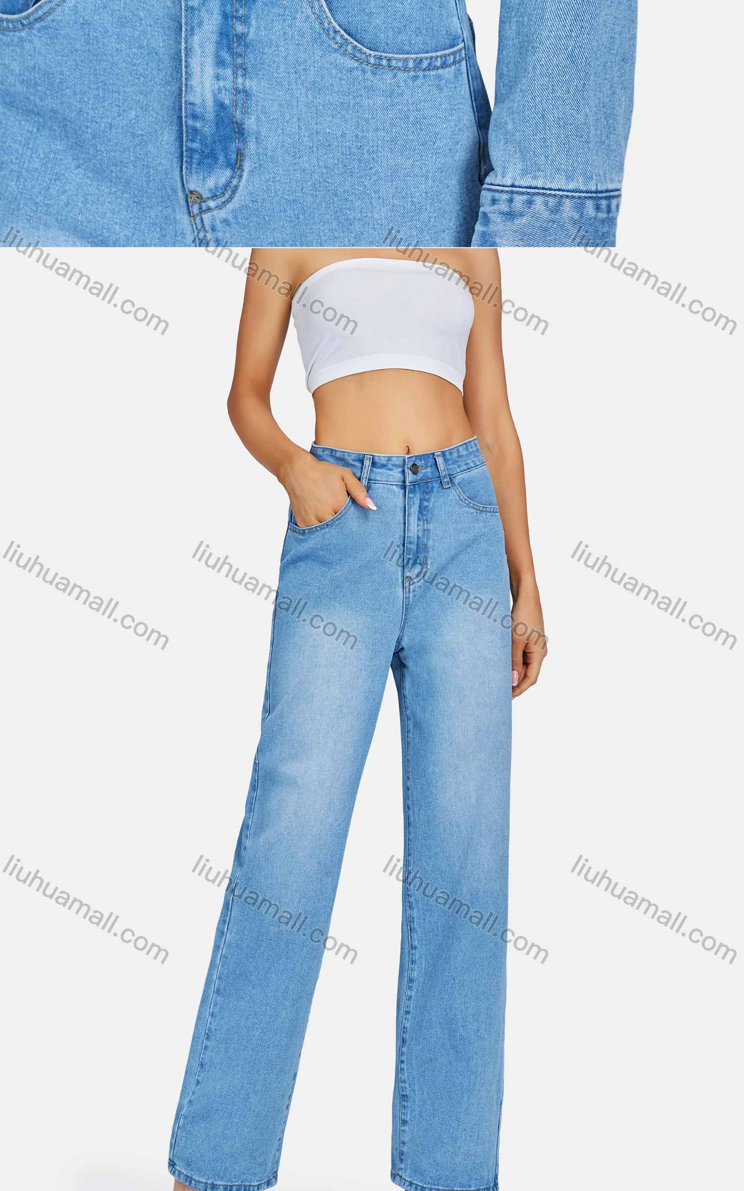 Wholesale Women's Casual Collared Button Down Denim Crop Jackets & Jeans 2-Piece Set - Liuhuamall