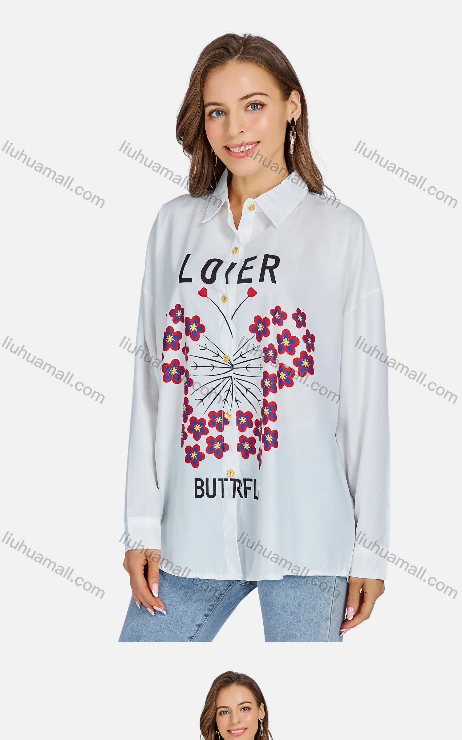 Wholesale Women's Casual Collared Button Down Long Sleeve Floral Letter Shirt - Liuhuamall