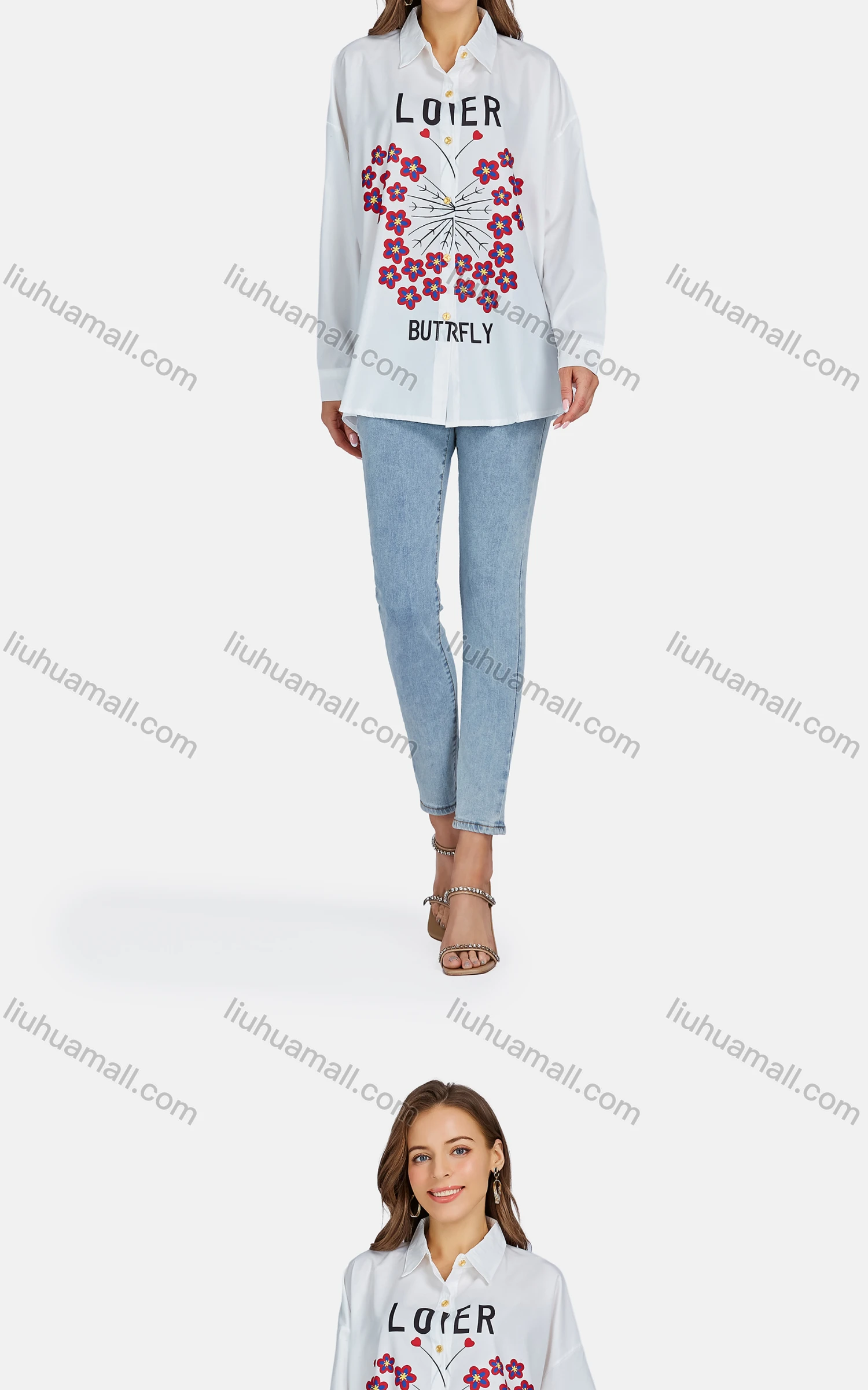 Wholesale Women's Casual Collared Button Down Long Sleeve Floral Letter Shirt - Liuhuamall