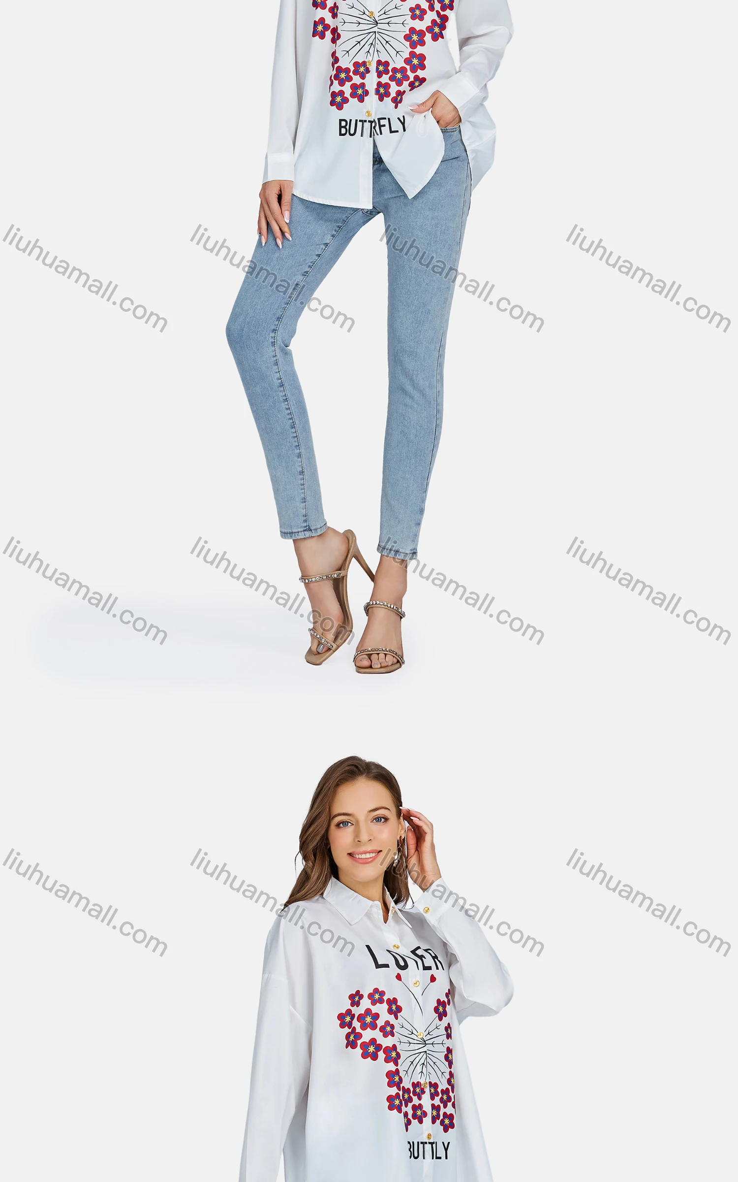 Wholesale Women's Casual Collared Button Down Long Sleeve Floral Letter Shirt - Liuhuamall