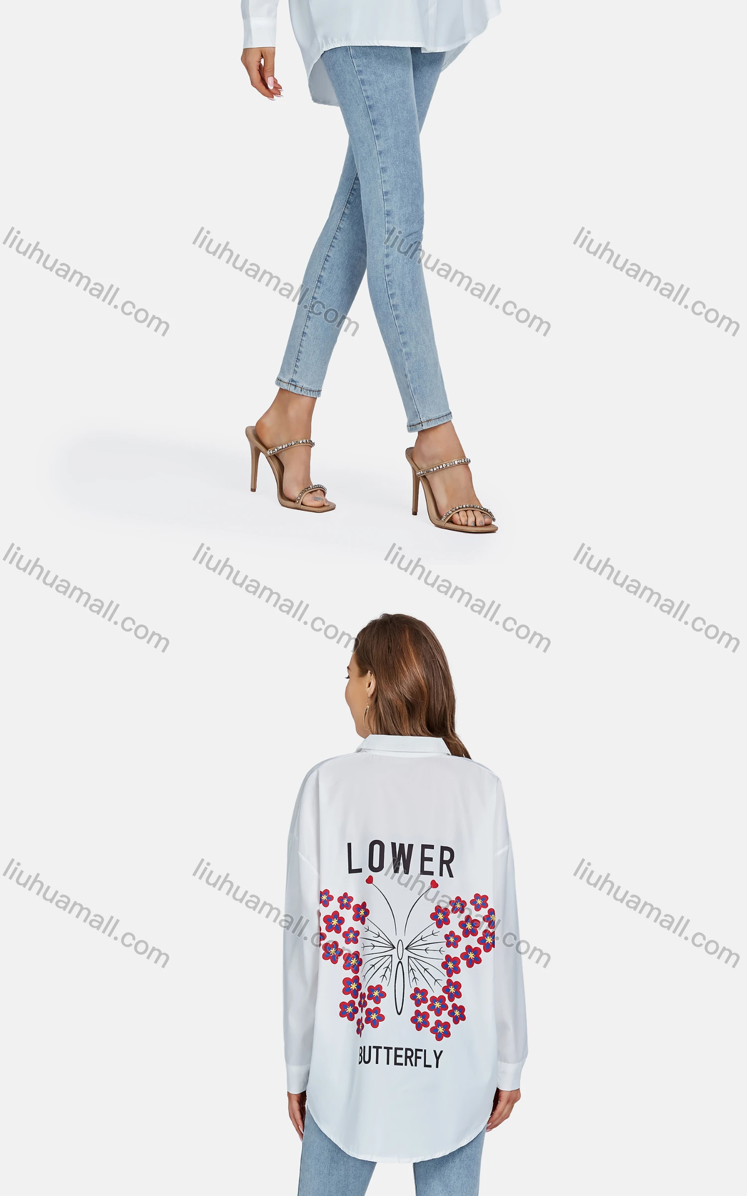 Wholesale Women's Casual Collared Button Down Long Sleeve Floral Letter Shirt - Liuhuamall