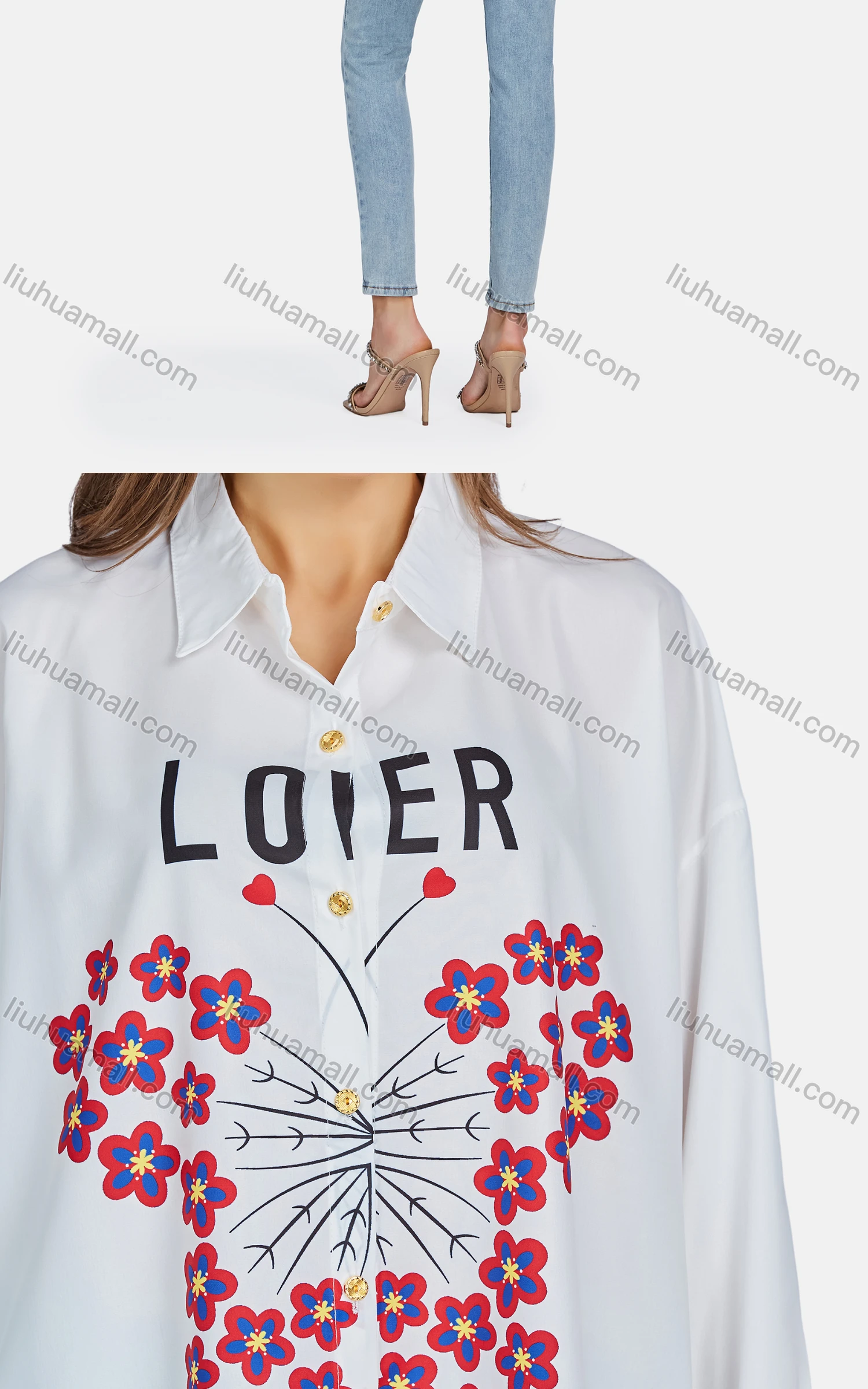 Wholesale Women's Casual Collared Button Down Long Sleeve Floral Letter Shirt - Liuhuamall
