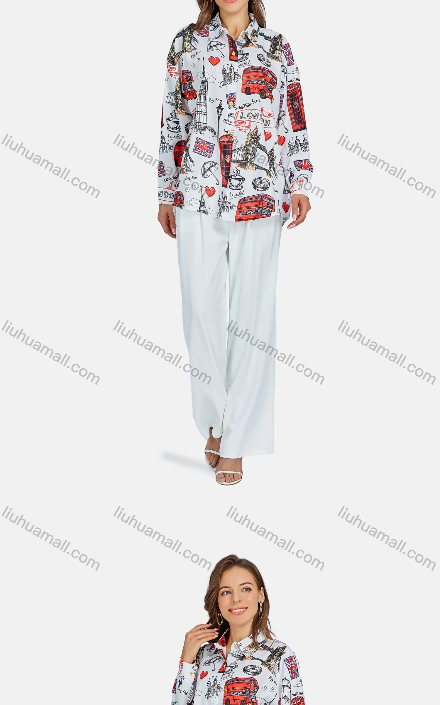 Wholesale Women's Casual Collared Button Down Long Sleeve Graphic Shirt - Liuhuamall