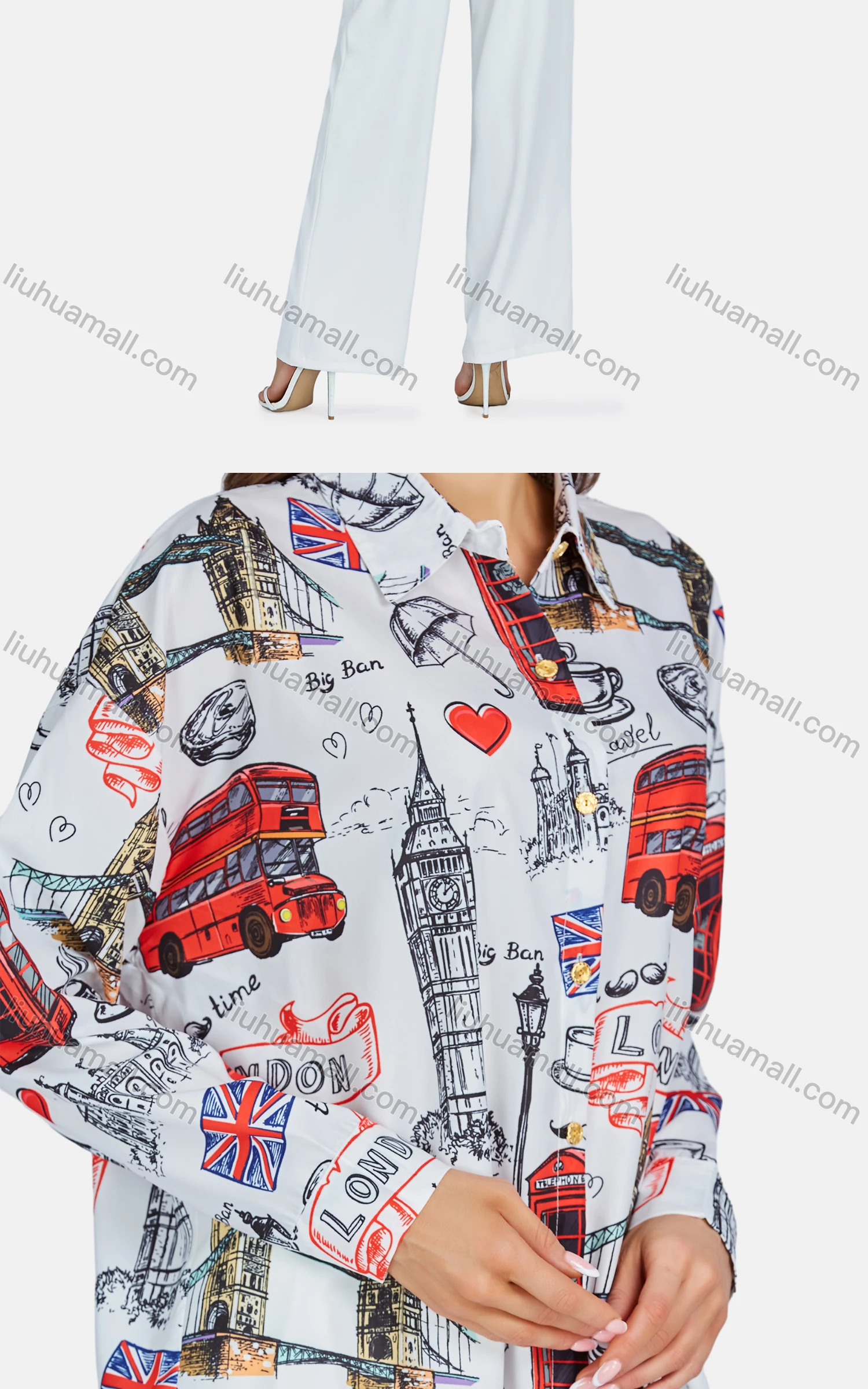 Wholesale Women's Casual Collared Button Down Long Sleeve Graphic Shirt - Liuhuamall