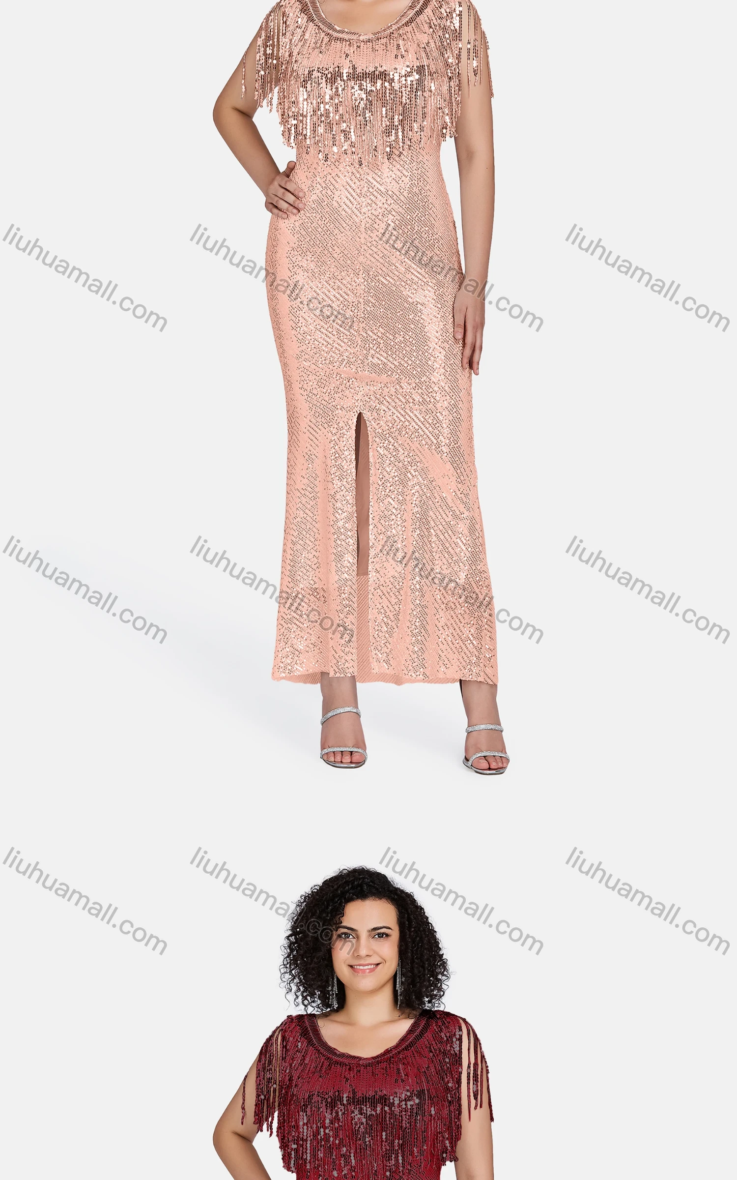 Wholesale Women's Elegant Plain Sleeveless Split Front Sequin Tassel Decor Maxi Mermaid Evening Dress 23016# - Liuhuamall