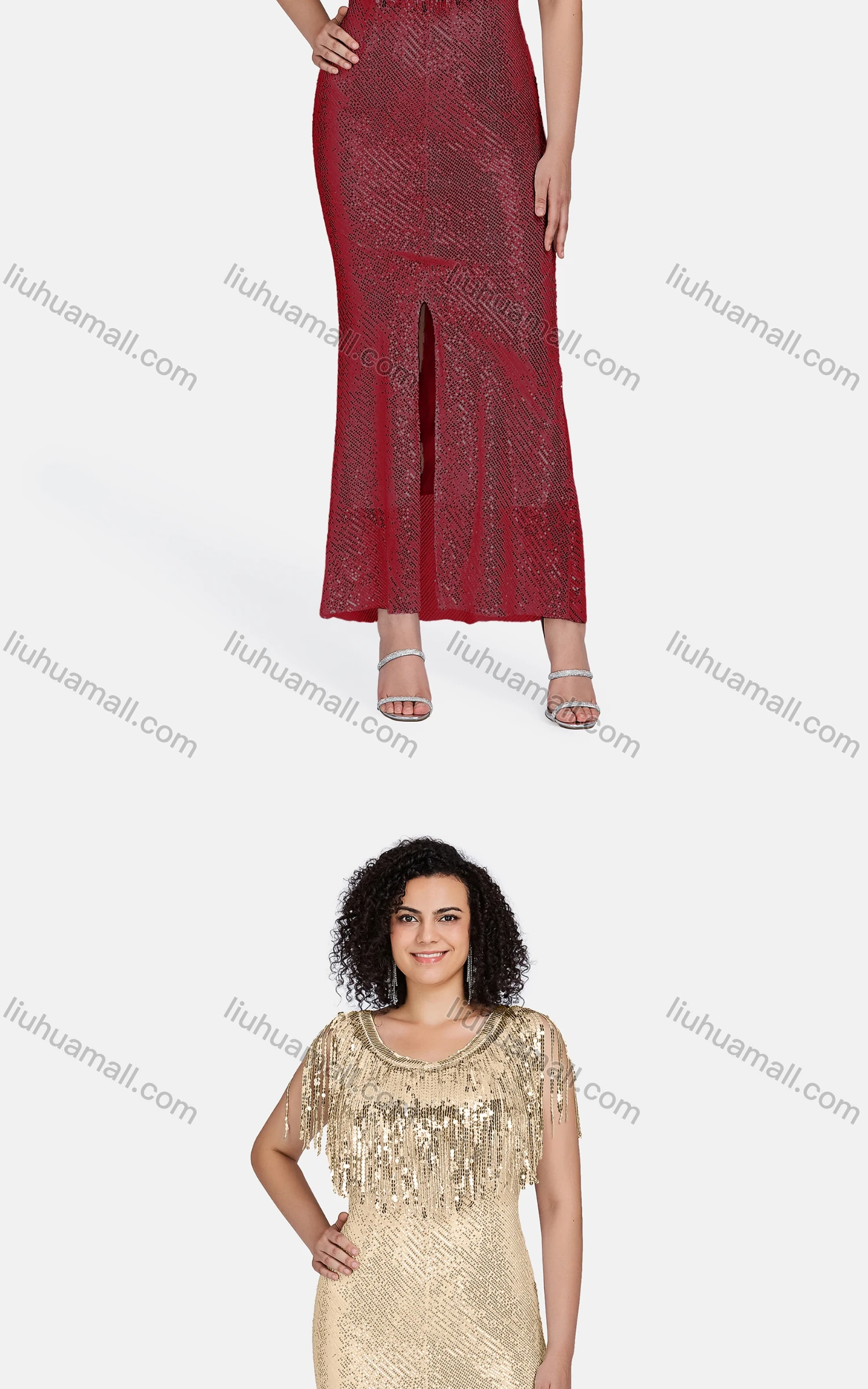 Wholesale Women's Elegant Plain Sleeveless Split Front Sequin Tassel Decor Maxi Mermaid Evening Dress 23016# - Liuhuamall