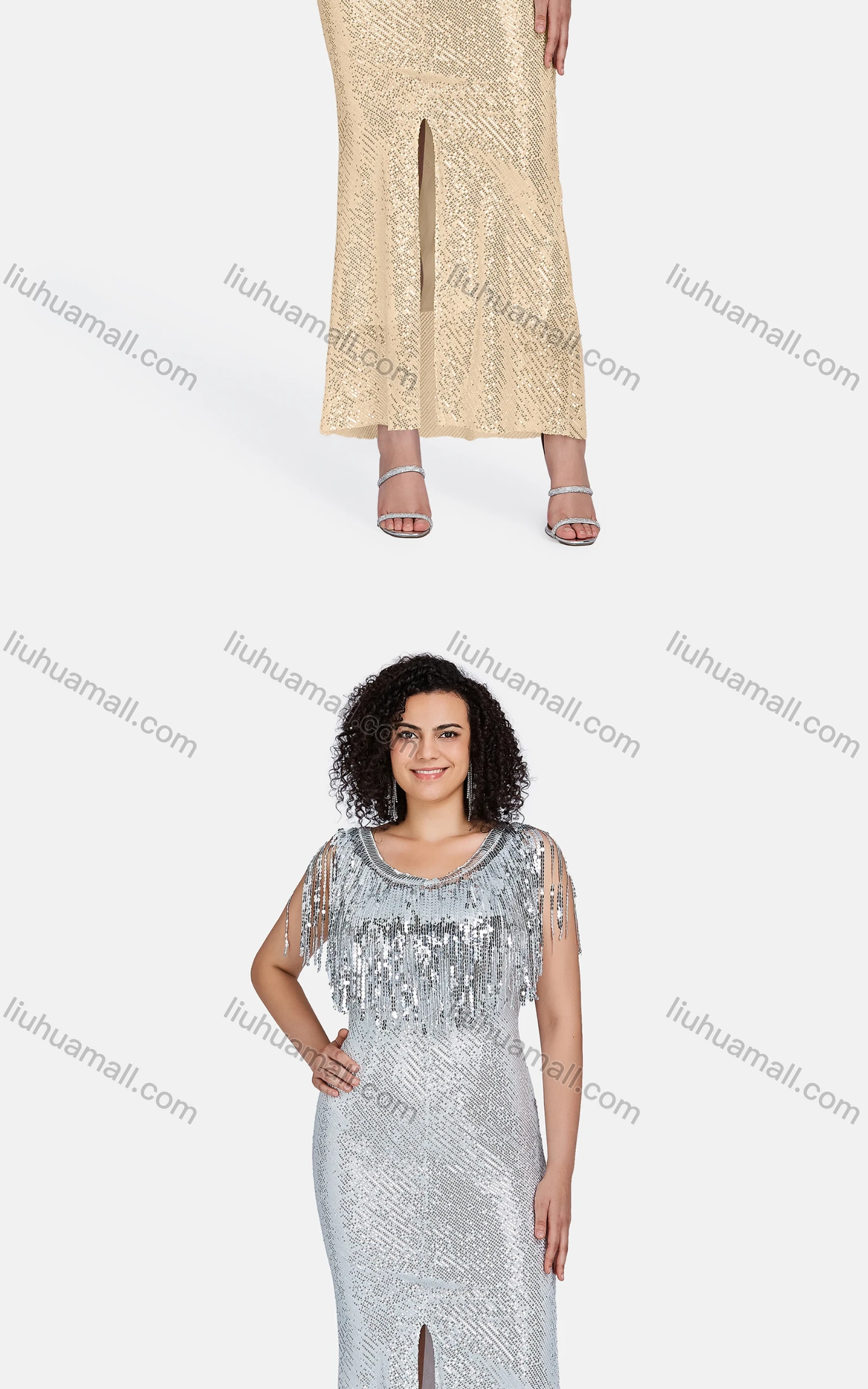 Wholesale Women's Elegant Plain Sleeveless Split Front Sequin Tassel Decor Maxi Mermaid Evening Dress 23016# - Liuhuamall