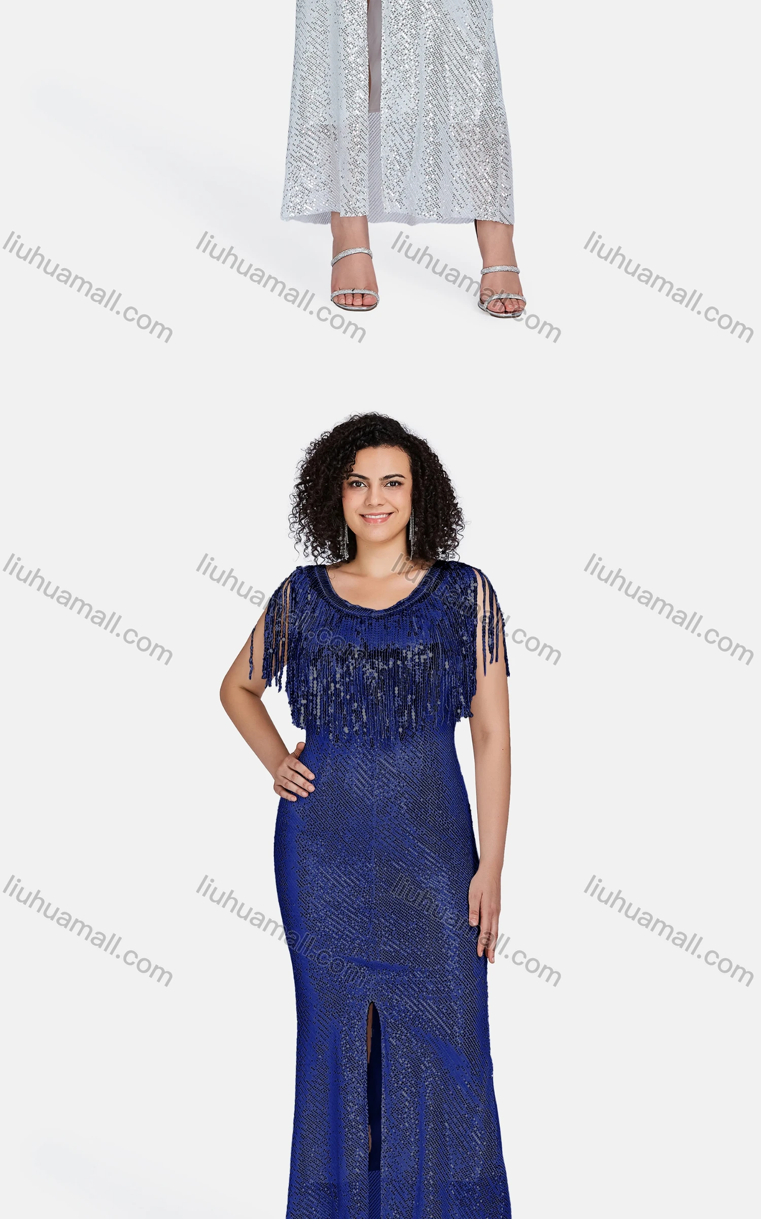 Wholesale Women's Elegant Plain Sleeveless Split Front Sequin Tassel Decor Maxi Mermaid Evening Dress 23016# - Liuhuamall