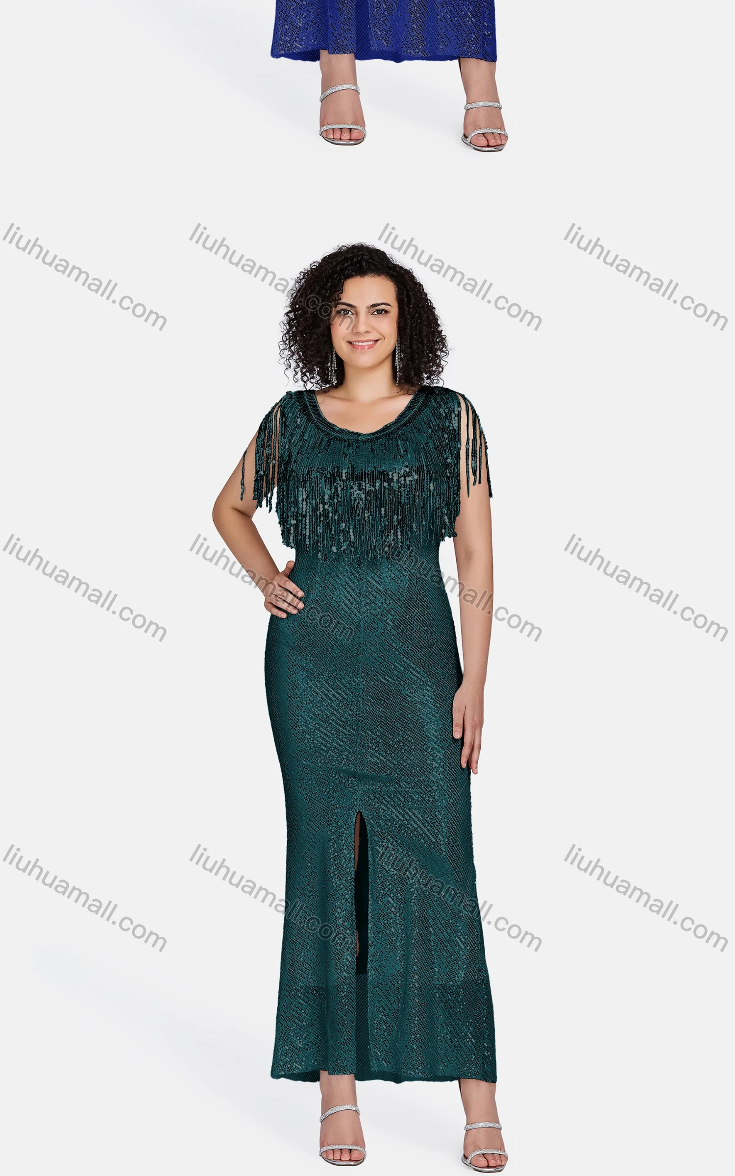 Wholesale Women's Elegant Plain Sleeveless Split Front Sequin Tassel Decor Maxi Mermaid Evening Dress 23016# - Liuhuamall