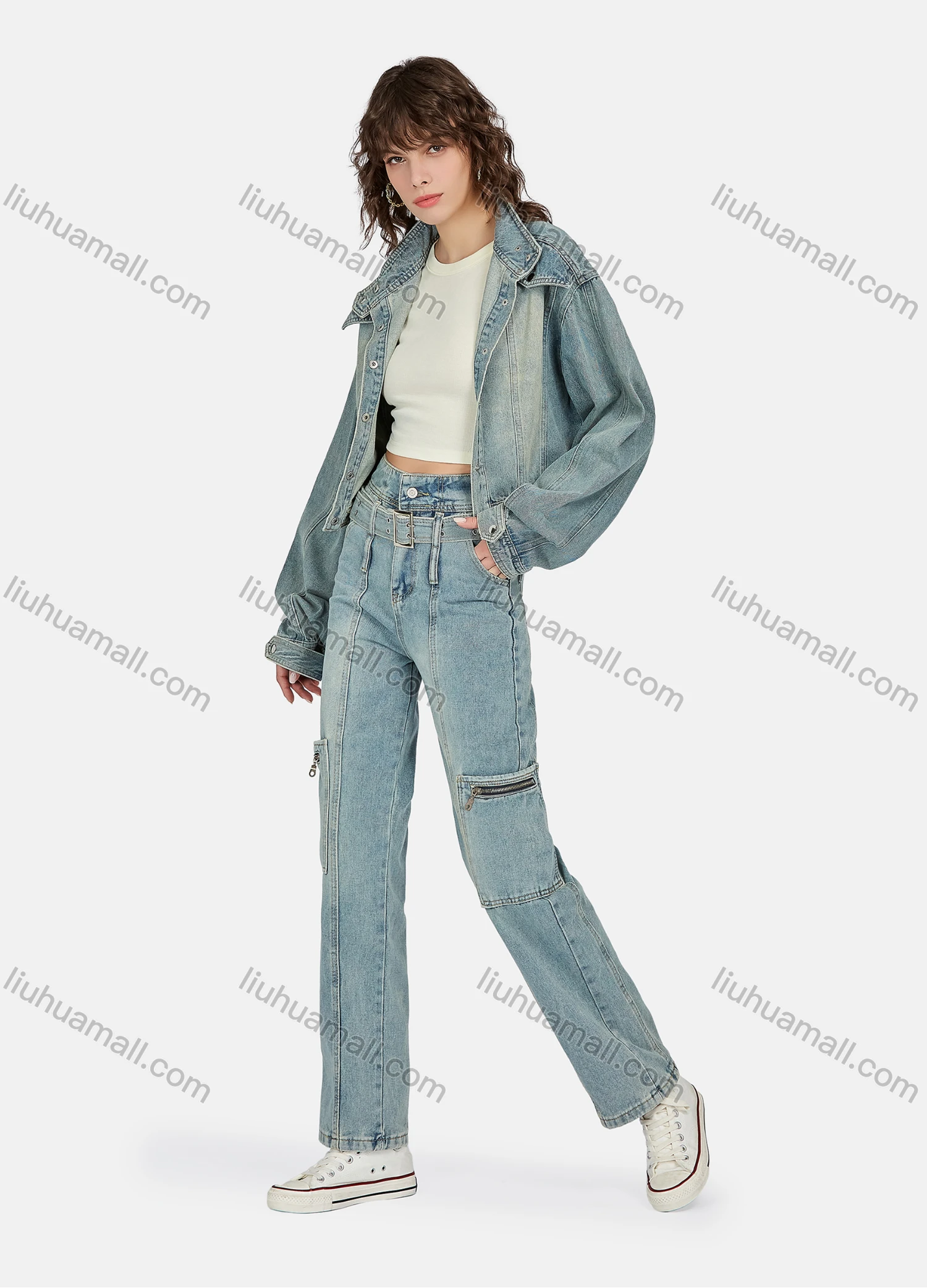 Wholesale Women's Casual Distressed Stand Collar Long Sleeve Buttons Down Jacket & Ankle Length Jean With Belt 2 Piece Denim Set - Liuhuamall