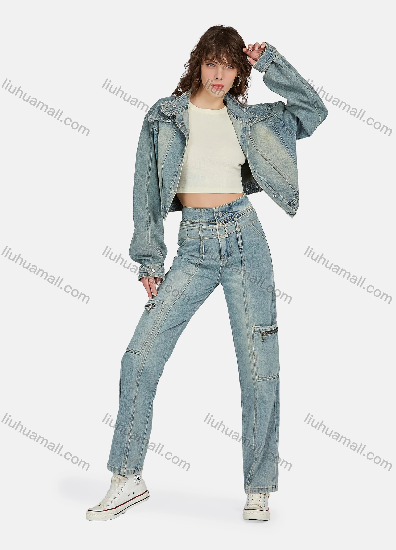 Wholesale Women's Casual Distressed Stand Collar Long Sleeve Buttons Down Jacket & Ankle Length Jean With Belt 2 Piece Denim Set - Liuhuamall