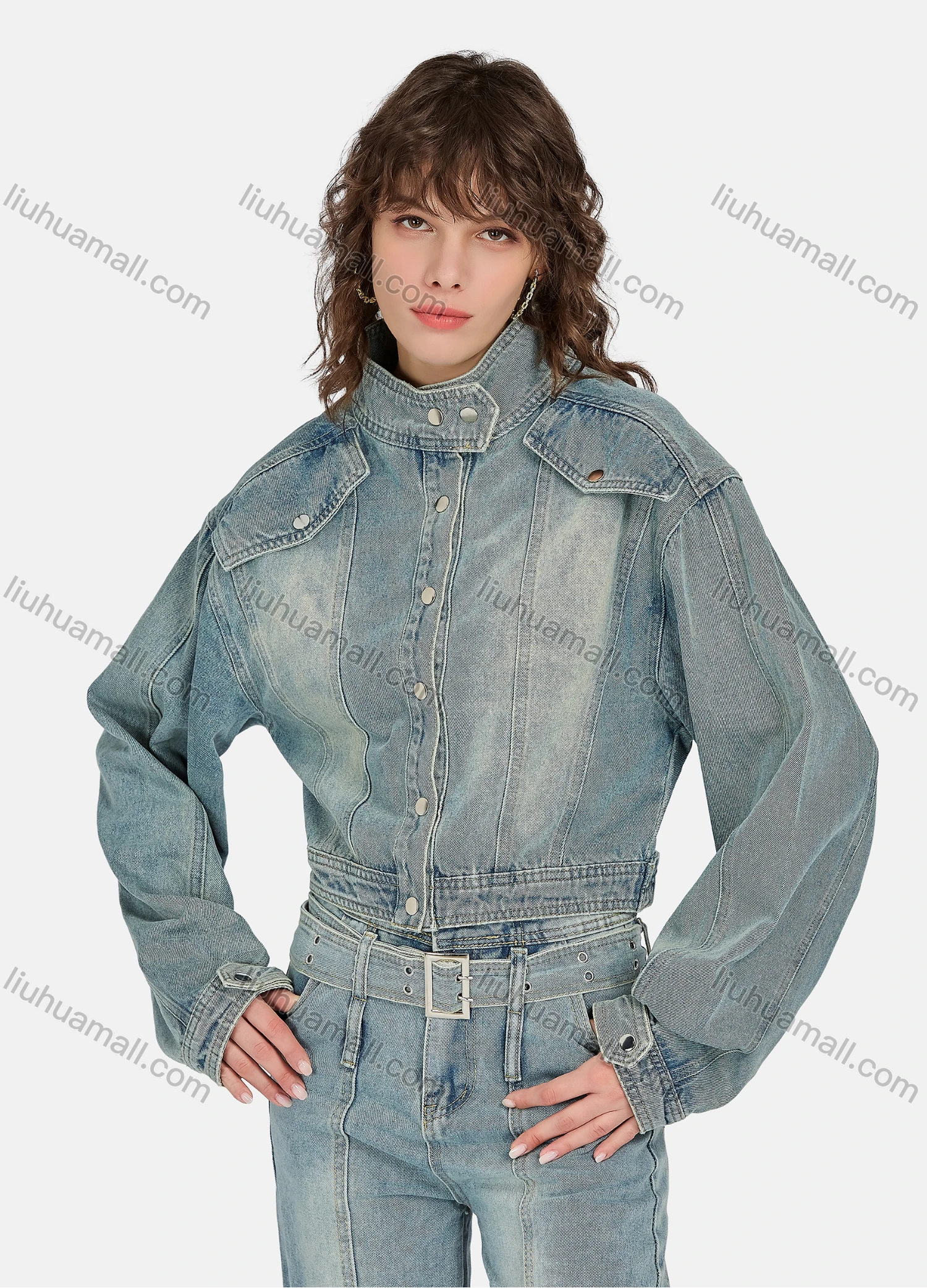 Wholesale Women's Casual Distressed Stand Collar Long Sleeve Buttons Down Jacket & Ankle Length Jean With Belt 2 Piece Denim Set - Liuhuamall