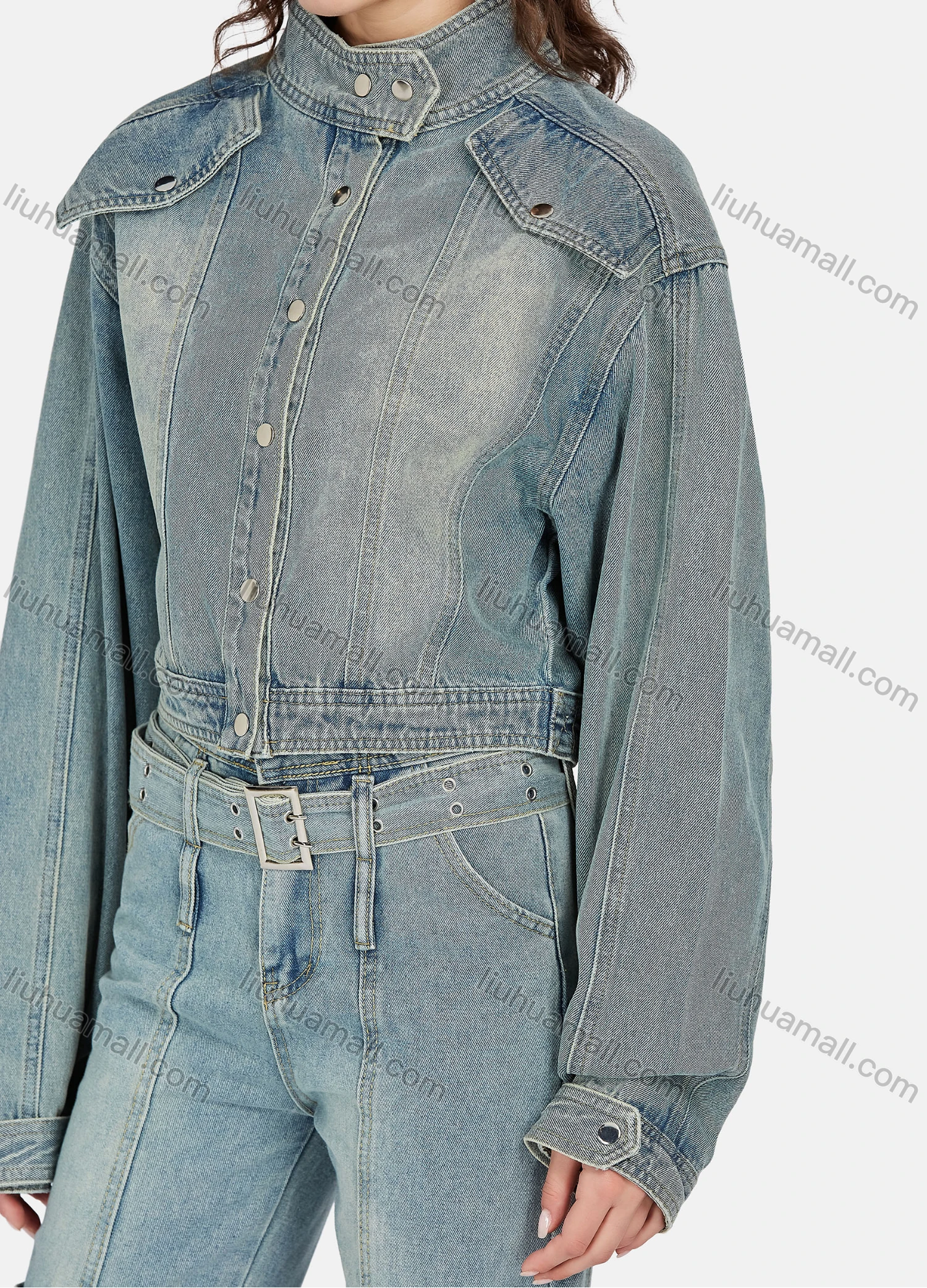 Wholesale Women's Casual Distressed Stand Collar Long Sleeve Buttons Down Jacket & Ankle Length Jean With Belt 2 Piece Denim Set - Liuhuamall