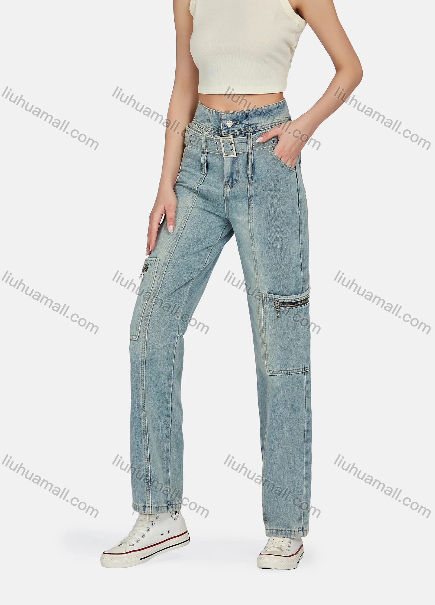 Wholesale Women's Casual Distressed Stand Collar Long Sleeve Buttons Down Jacket & Ankle Length Jean With Belt 2 Piece Denim Set - Liuhuamall