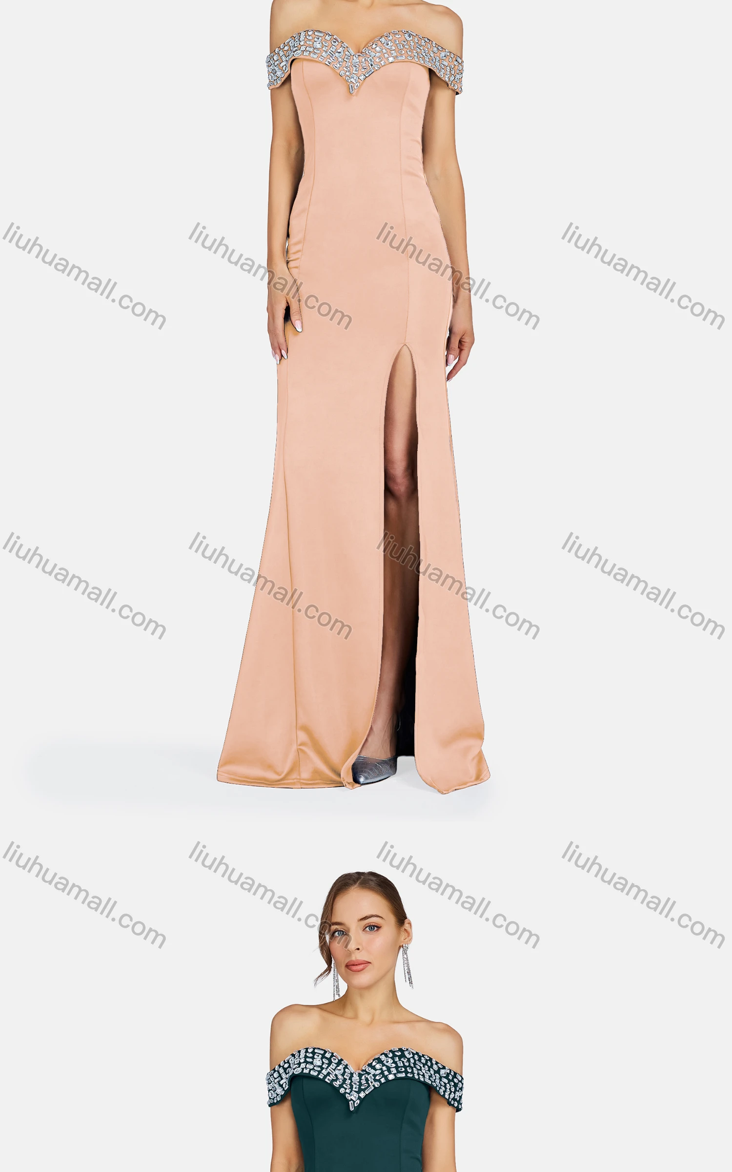 Wholesale Women's Elegant Off Shoulder Rhinestone Split Thigh Evening Dress 91681# - Liuhuamall