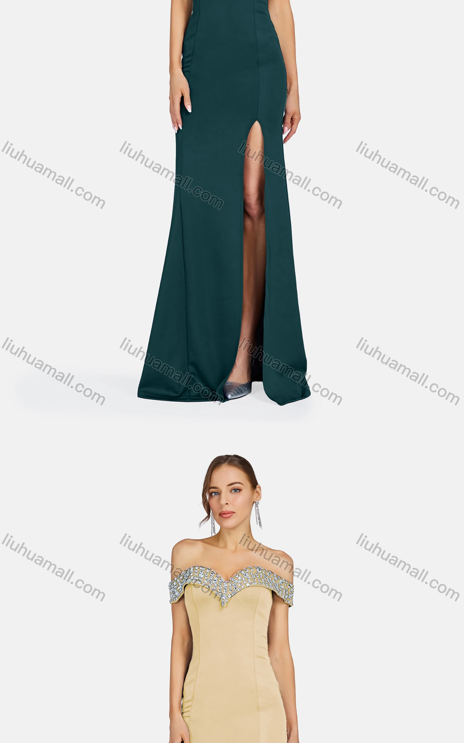 Wholesale Women's Elegant Off Shoulder Rhinestone Split Thigh Evening Dress 91681# - Liuhuamall