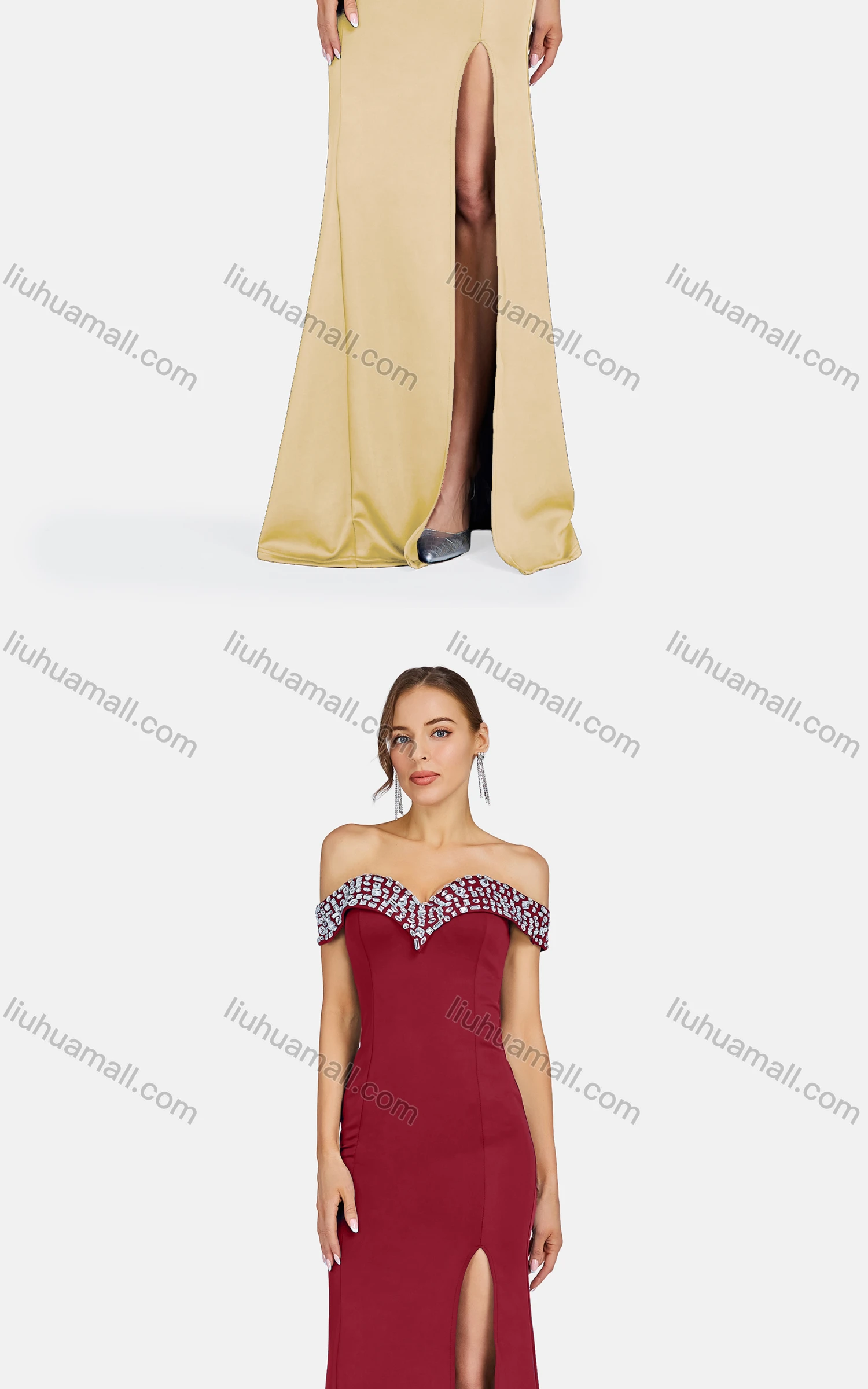 Wholesale Women's Elegant Off Shoulder Rhinestone Split Thigh Evening Dress 91681# - Liuhuamall