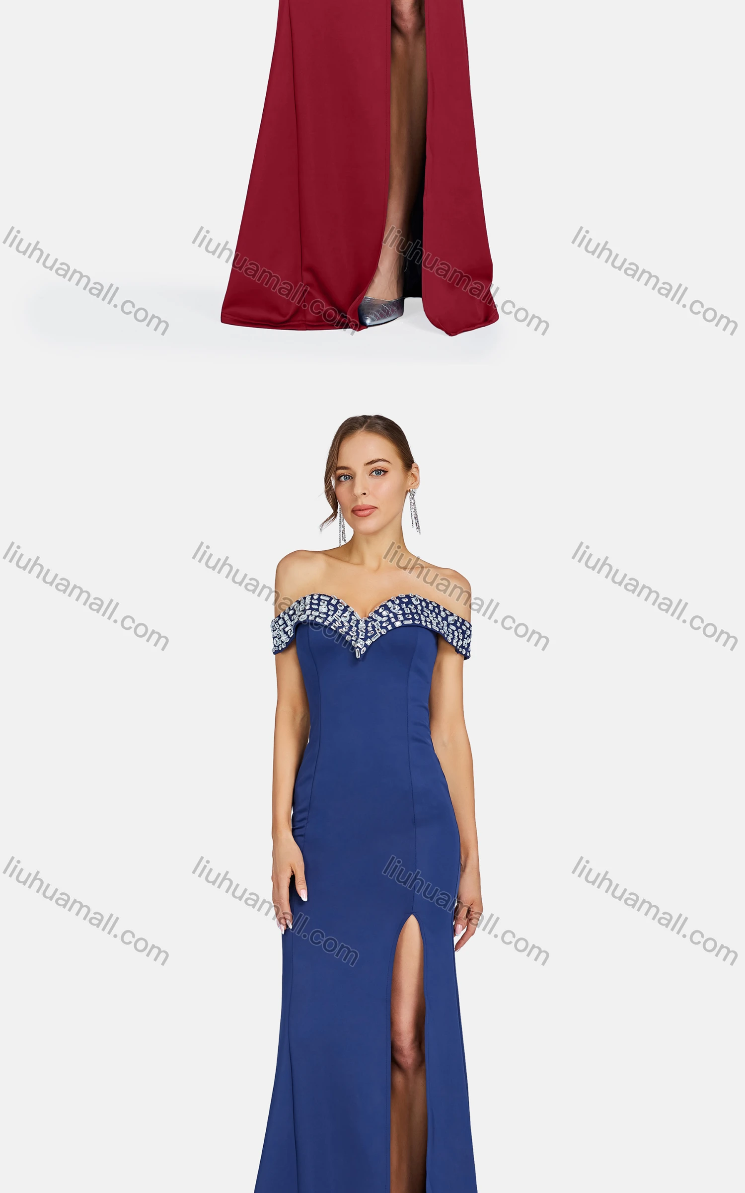 Wholesale Women's Elegant Off Shoulder Rhinestone Split Thigh Evening Dress 91681# - Liuhuamall