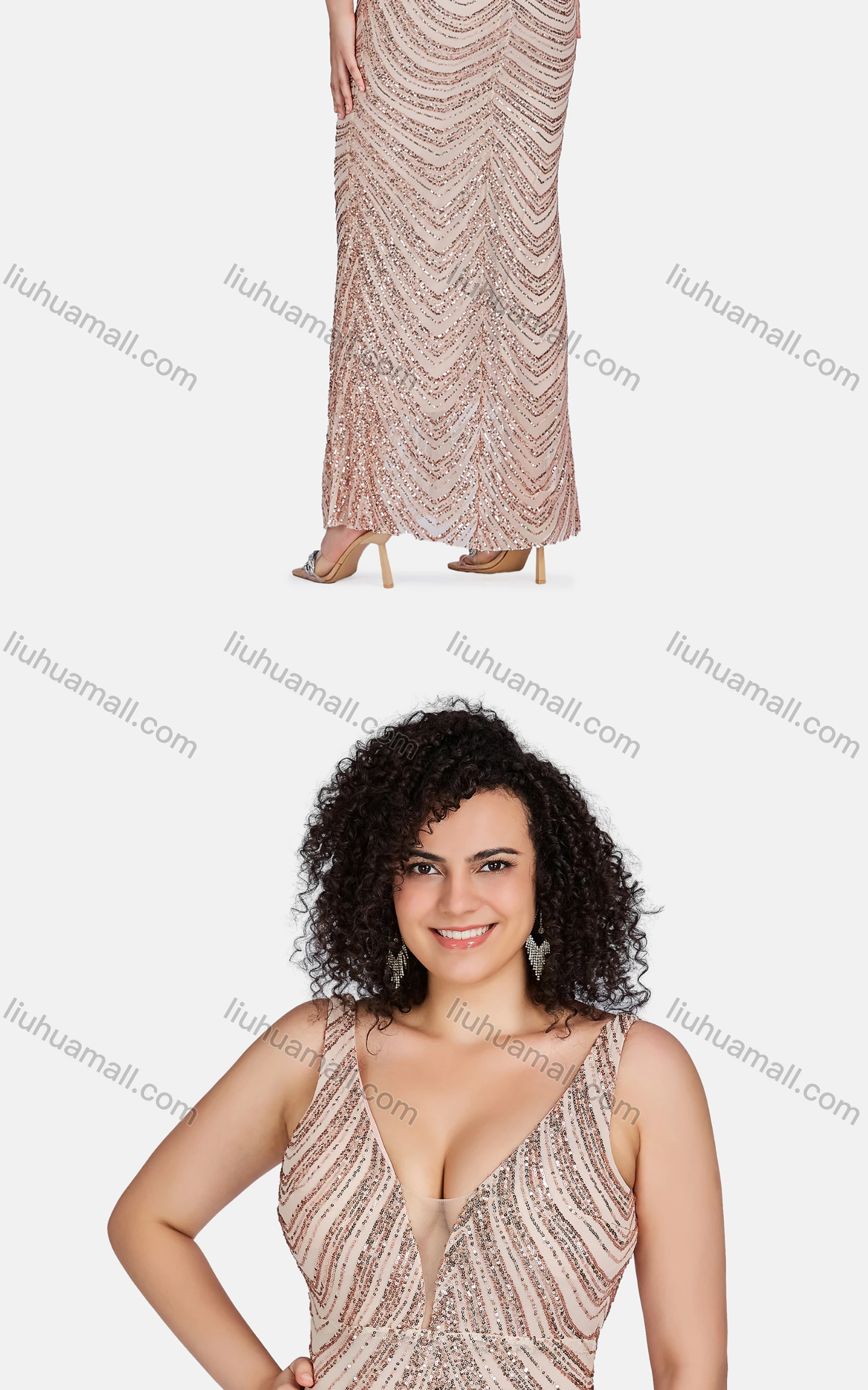 Wholesale Women's Sexy V Neck Sleeveless Sequin Beaded Evening Dress 96563# - Liuhuamall