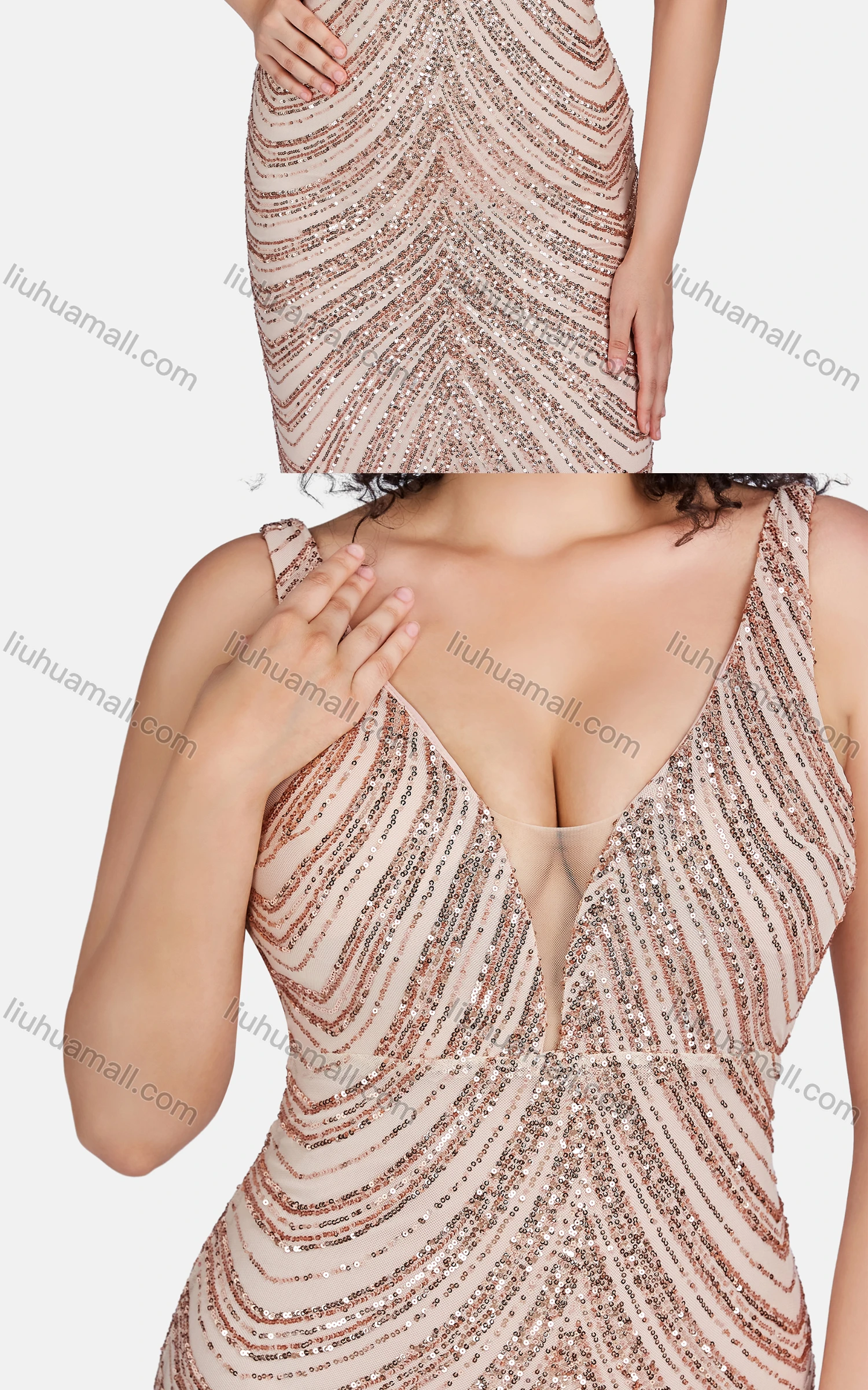 Wholesale Women's Sexy V Neck Sleeveless Sequin Beaded Evening Dress 96563# - Liuhuamall