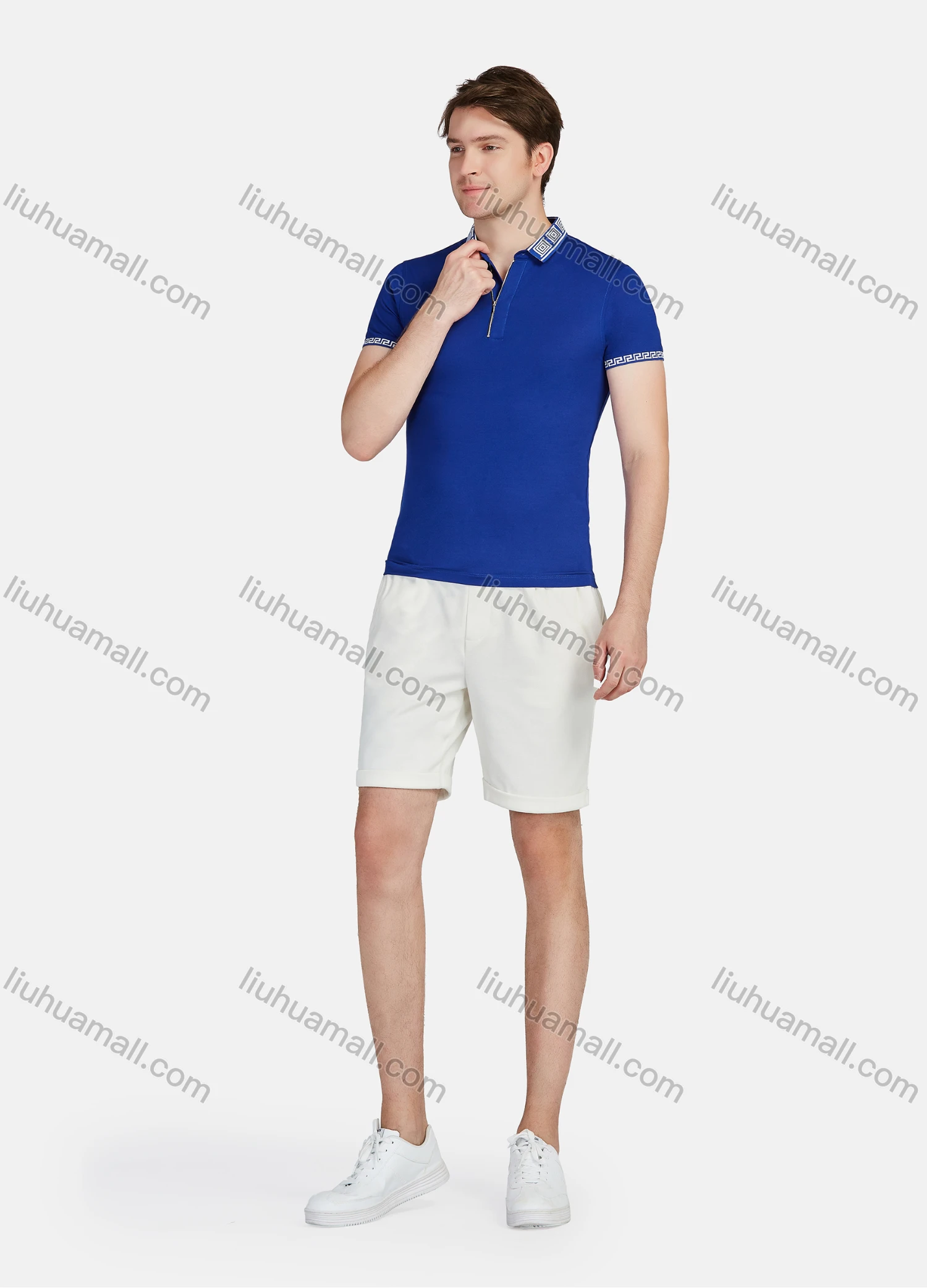 Wholesale Men's Casual Plain Greek Key Quarter Zip Short Sleeve Polo Shirts - Liuhuamall