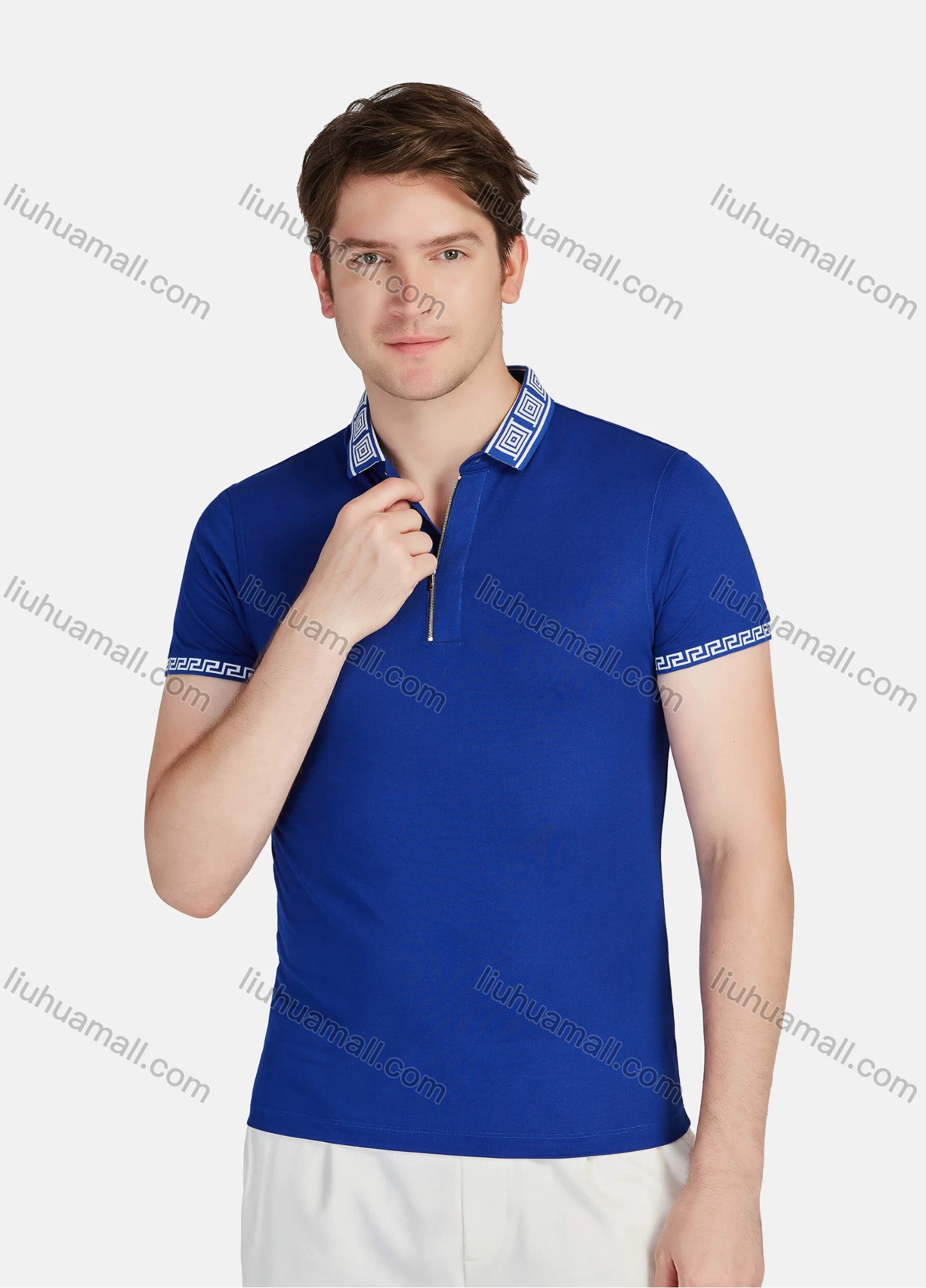 Wholesale Men's Casual Plain Greek Key Quarter Zip Short Sleeve Polo Shirts - Liuhuamall